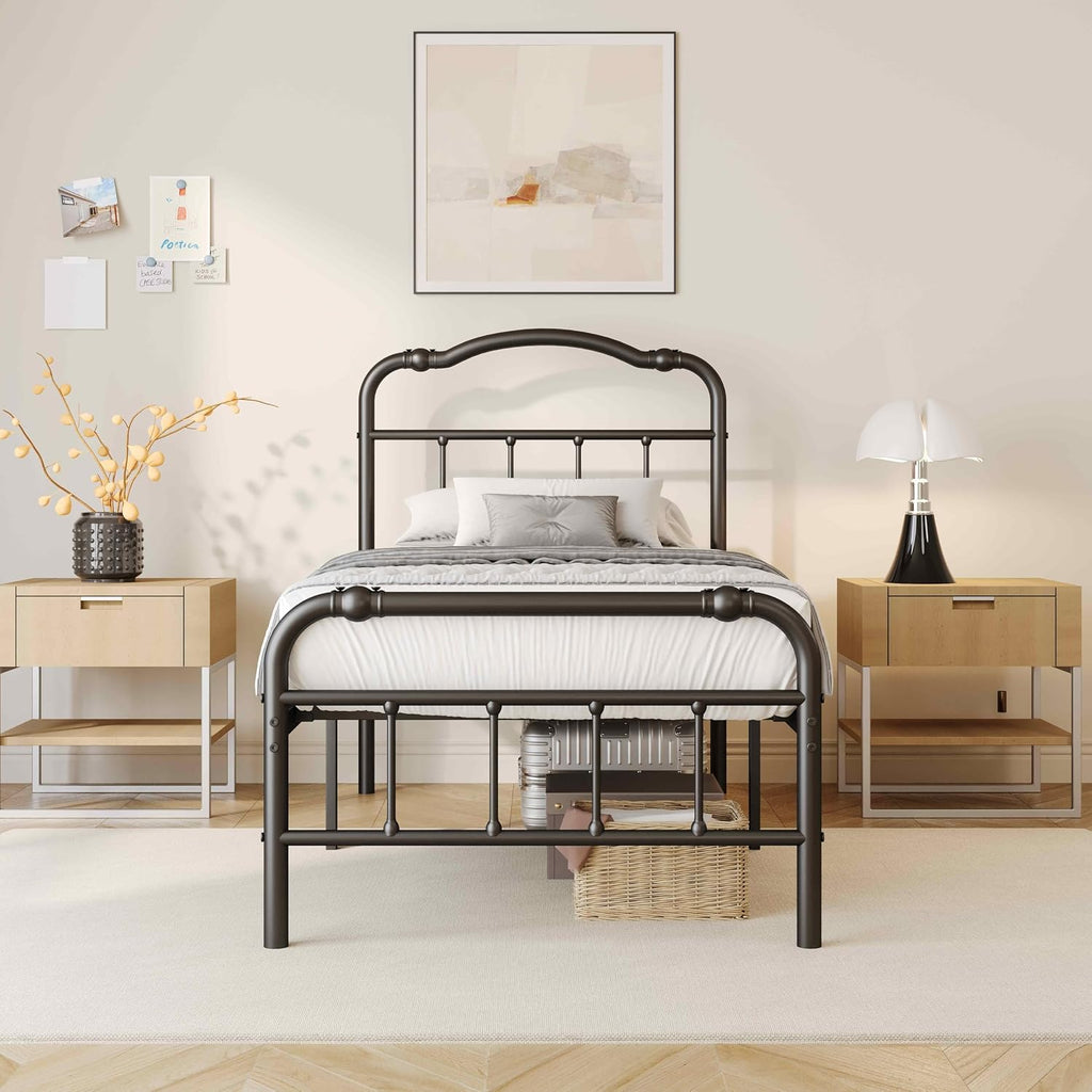 ZIYOO Vintage-Inspired 18 Inch Metal Bed Frame - Victorian Headboard & Footboard, Sturdy Platform Design, Under Bed Storage, No Box Spring Needed, Noise Free, Twin XL Size