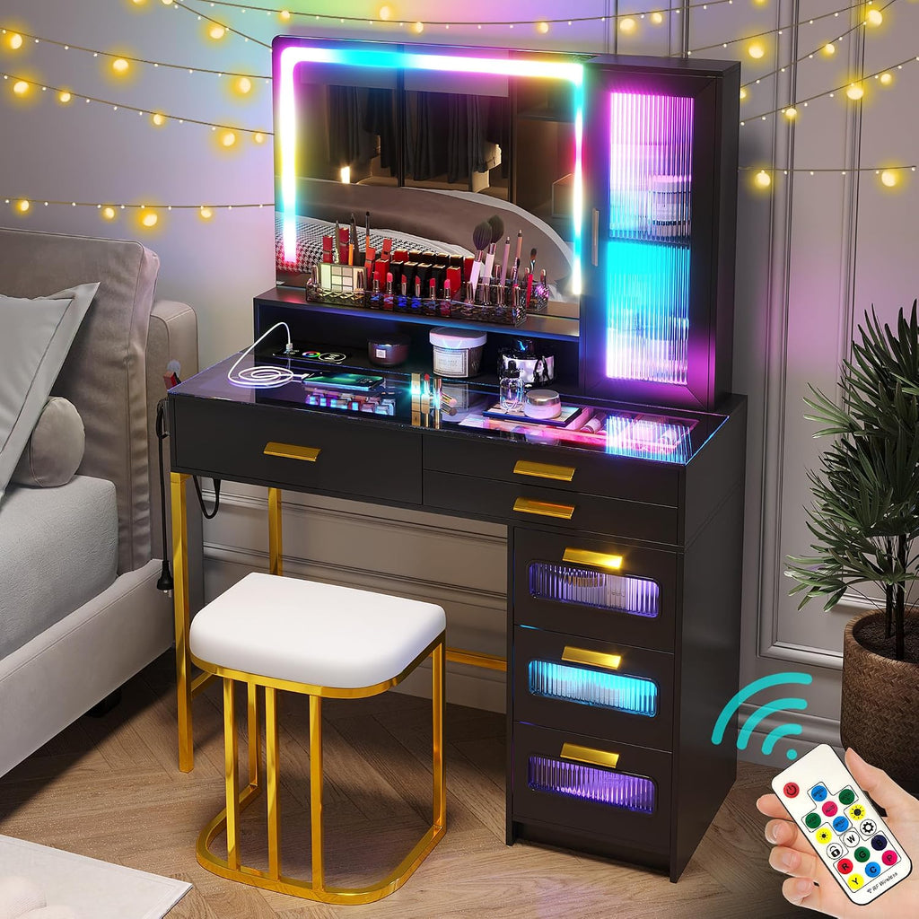 WOOVIVS Vanity with LED Mirror, Makeup Desk with 24 RGB Atuo Lighted Drawers for Bedroom, Glass Top Vanities Table Set with Wireless Charging Station, Chair,Jewelry Organizer for Girls/Women (Black)