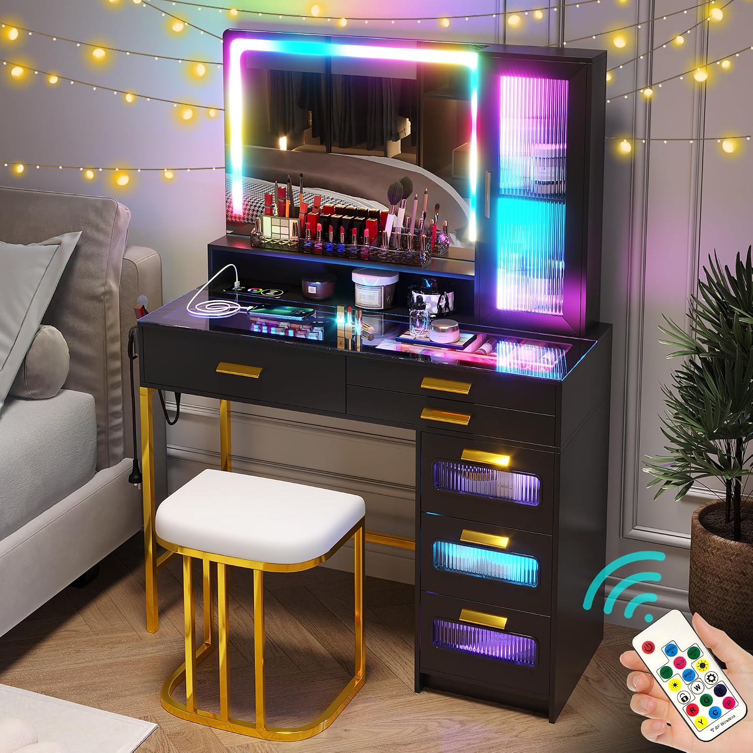 WOOVIVS Vanity with LED Mirror, Makeup Desk with 24 RGB Atuo Lighted Drawers for Bedroom, Glass Top Vanities Table Set with Wireless Charging Station, Chair,Jewelry Organizer for Girls/Women (Black)