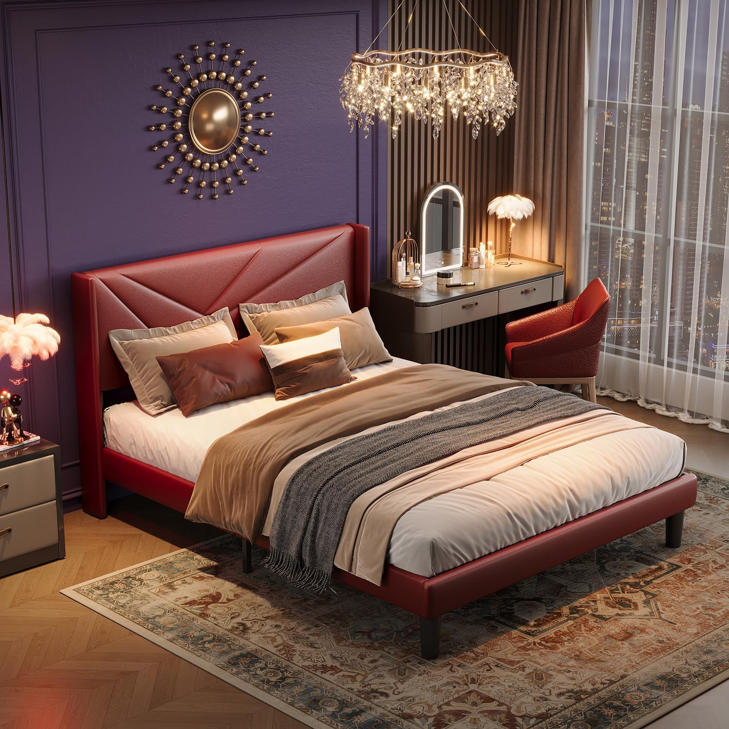 Queen Size Bed Frame with Upholstered Wingback Headboard, Easy Assemnly Platform Bed and Heavy Duty Wooden Slats Support, Noise-Free, No Box Spring Needed (Burgundy, Queen)