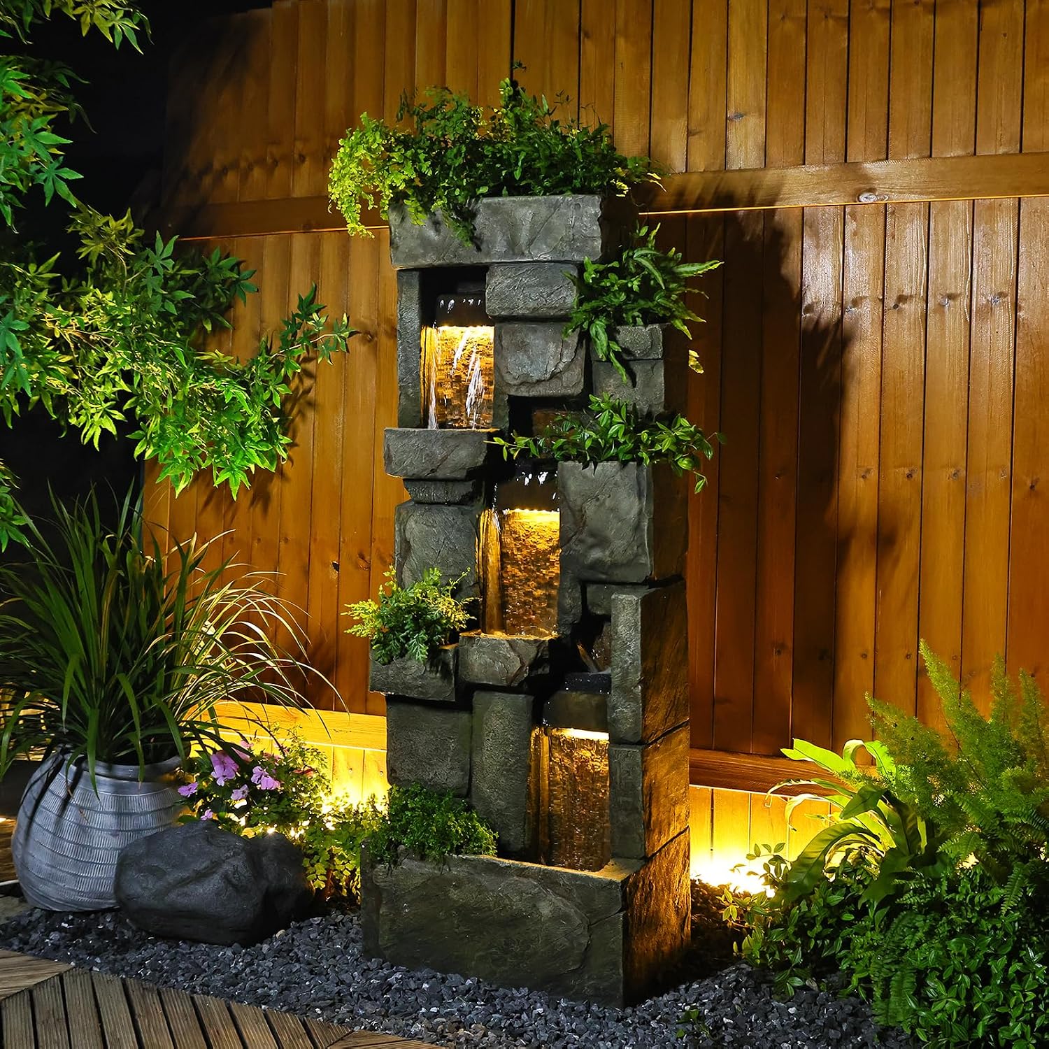 Bumilgar Garden Water Fountains Outdoor Floor Standing, 3 Tier Rock Waterfall Fountain with LED Lights and Pump for Garden, Patio, Backyard, Deck, Porch and Home Art Deco, 56.3' Very Tall