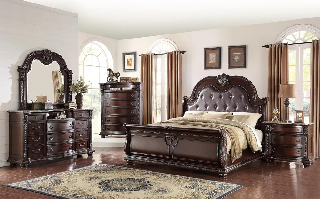 Generic Traditional Formal Classic 5pc Set King Size Faux Leather Upholstery Panel Bed Cherry Finish Marble Top Storage Pieces Solid Wood Furniture, Brown, HSB1600-K5pc