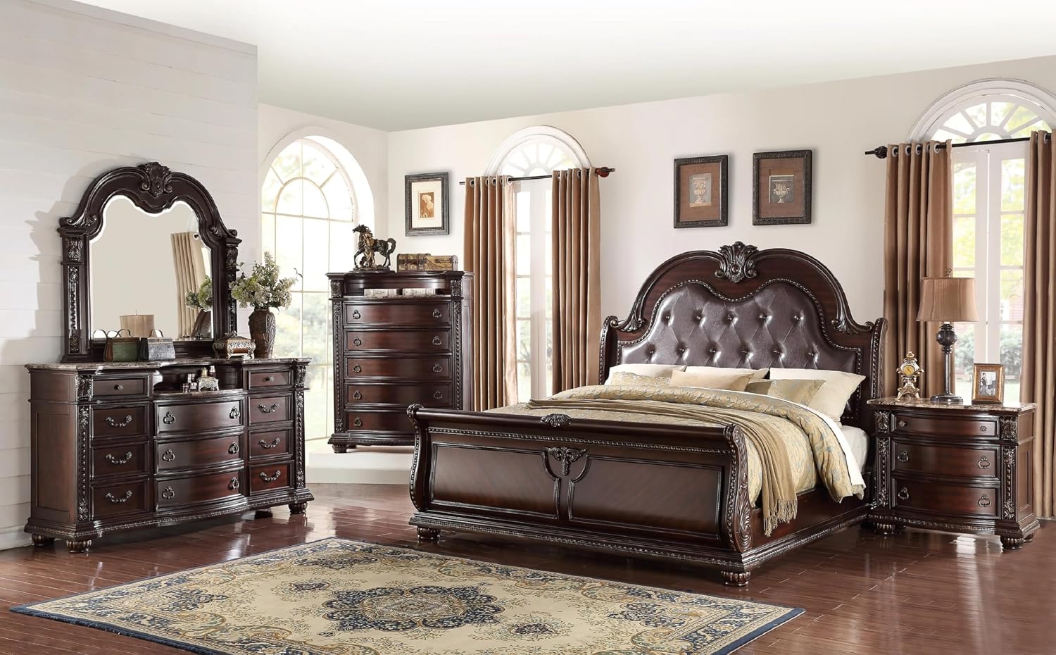 Generic Traditional Formal Classic 5pc Set King Size Faux Leather Upholstery Panel Bed Cherry Finish Marble Top Storage Pieces Solid Wood Furniture, Brown, HSB1600-K5pc