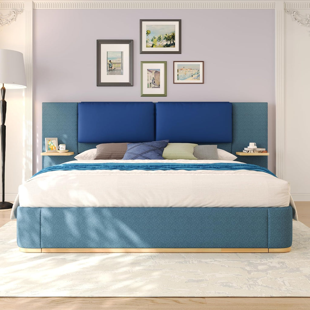 Luxury Bed Frame with Nightstands Modern Bedroom Set, Blue King Size Floor Platform Bed with Oversize Soft Upholstered Tall Headboard Bedframe, No Box Spring Needed (Blue, King)