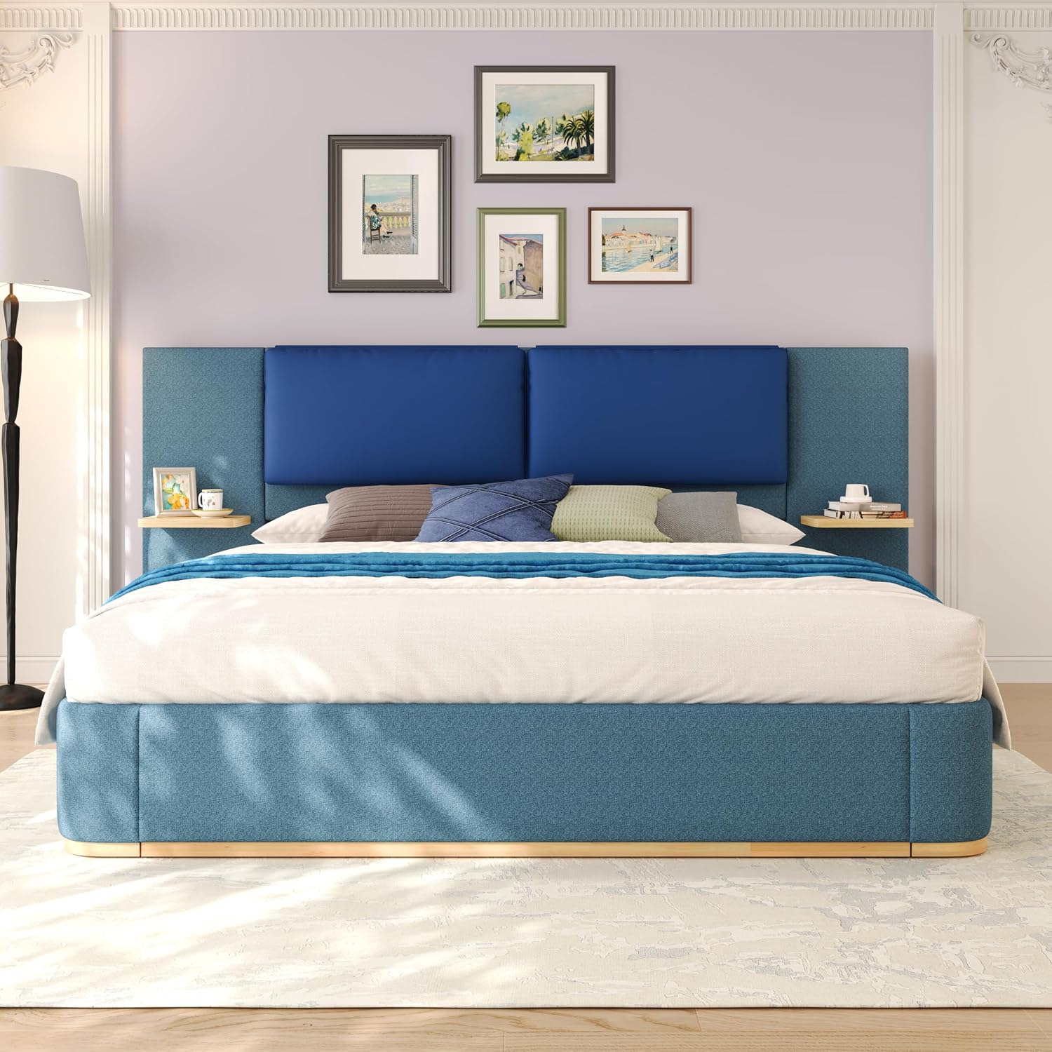 Luxury Bed Frame with Nightstands Modern Bedroom Set, Blue King Size Floor Platform Bed with Oversize Soft Upholstered Tall Headboard Bedframe, No Box Spring Needed (Blue, King)
