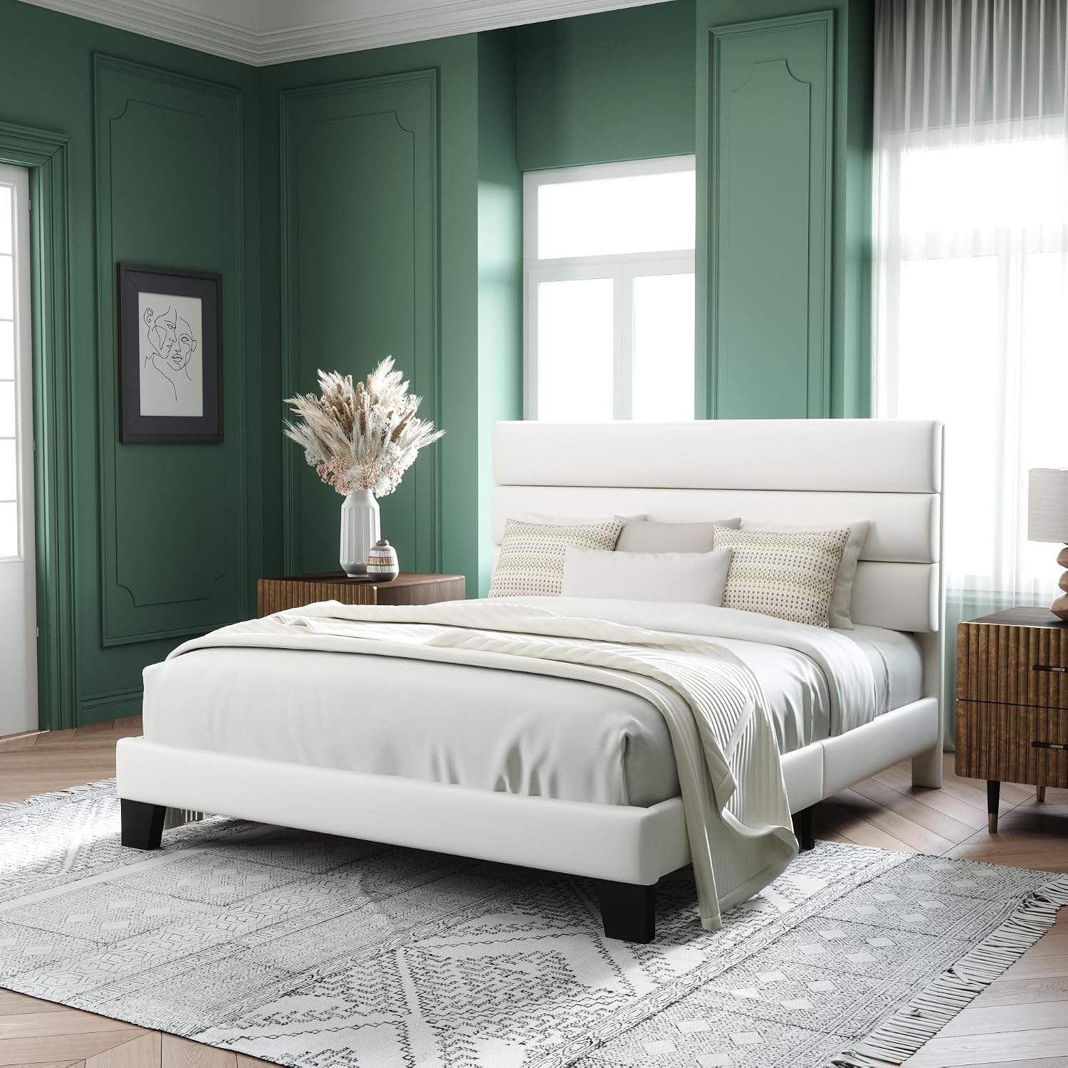Allewie Full Size Platform Bed Frame with Velvet Upholstered Headboard and Wooden Slats Support, Fully Upholstered Mattress Foundation/No Box Spring Needed/Easy Assembly, White
