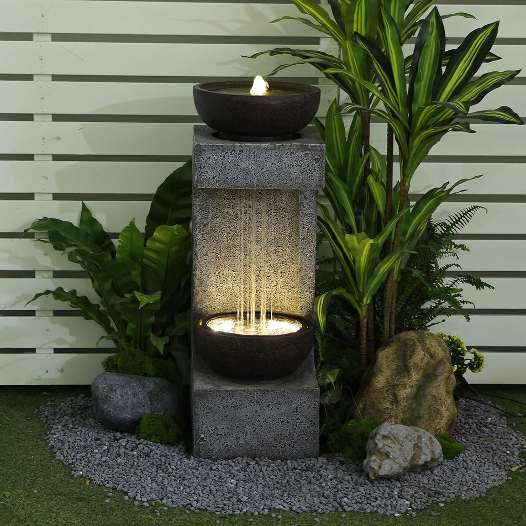 Bumilgar Waterfall Fountain Outdoor Garden Decor for Patio, Backyard, Deck, Porch and Home Art Decor, Outdoor Fountains and Waterfalls with Lights and Pebbles
