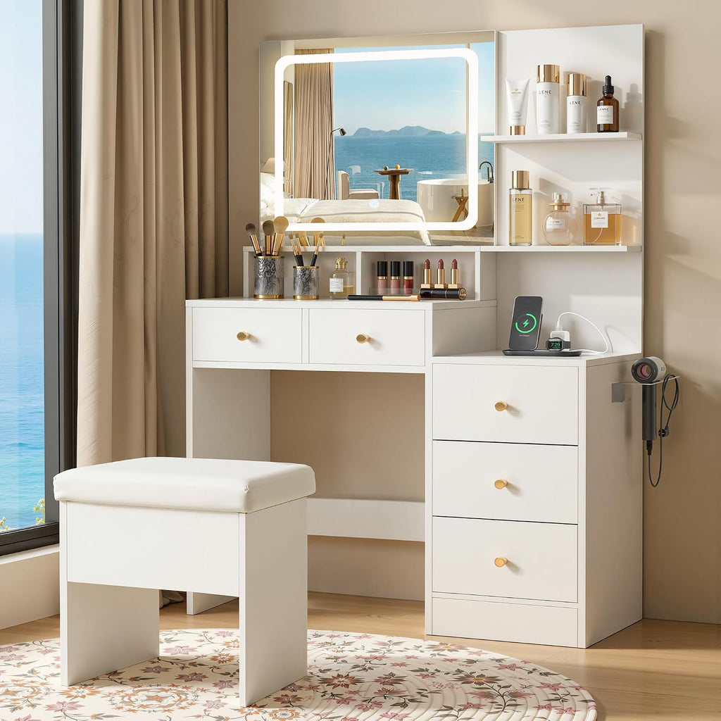 Vanity Desk with Mirror & Lights, Makeup Vanity with 5 Drawers & Cushion Stool, White Vanity Table, 3 Color Modes & Adjustable Brightness, Built-in Power Outlet