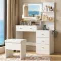 Vanity Desk with Mirror & Lights, Makeup Vanity with 5 Drawers & Cushion Stool, White Vanity Table, 3 Color Modes & Adjustable Brightness, Built-in Power Outlet