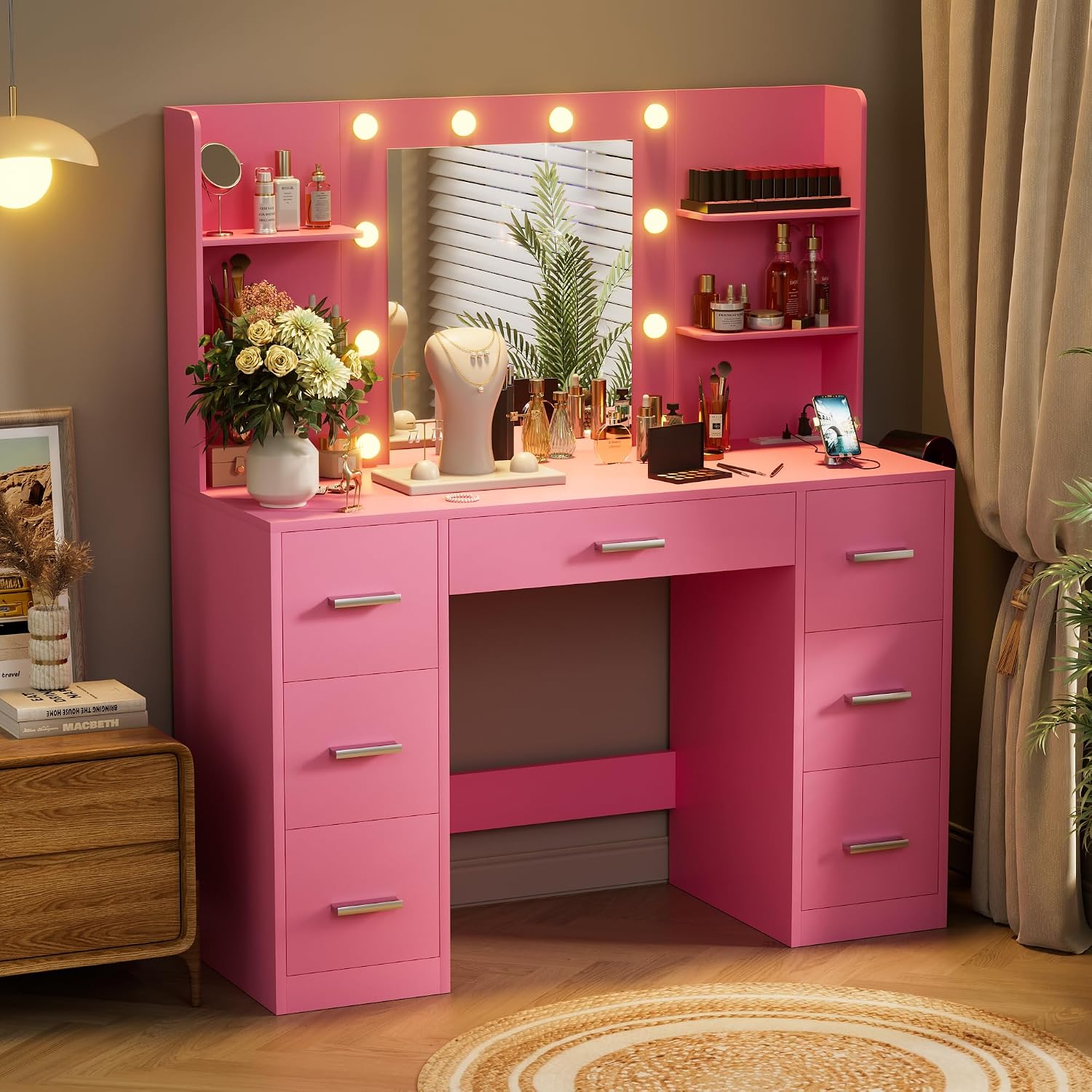 VICTONE Vanity Desk with LED Lighted Mirror&Power Outlet, 3 Model Lights Makeup Vanity Table with 7 Drawers and 6 Storage Shelves for Bedroom and Dressing Room (Dark Pink)