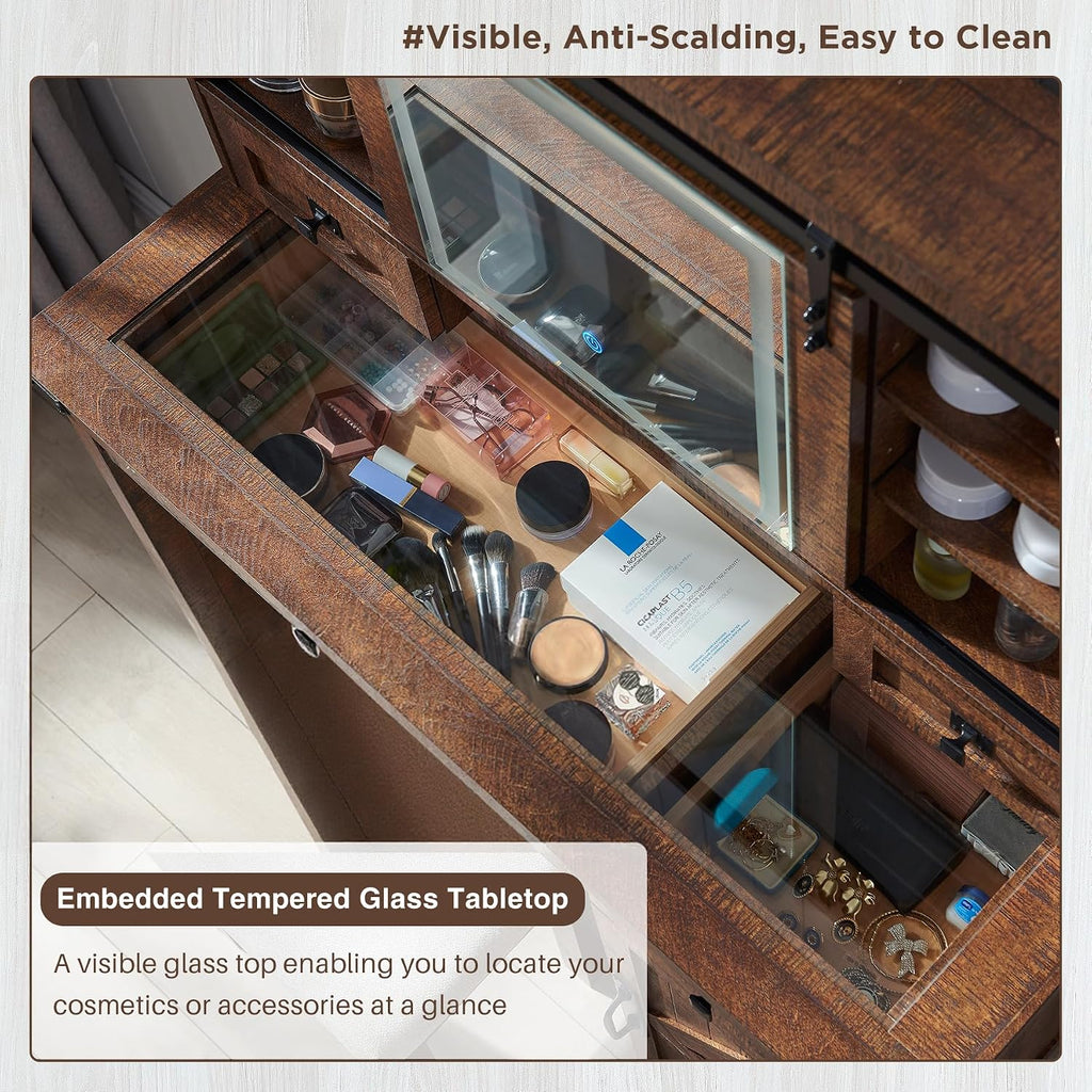 T4TREAM Farmhouse Makeup Vanity Desk with Sliding Mirror and Lights, 42'' Glass Tabletop Vanity Table with 2 Drawers & Shelves, Rustic Large Vanity Set for Bedroom, Reclaimed Barnwood