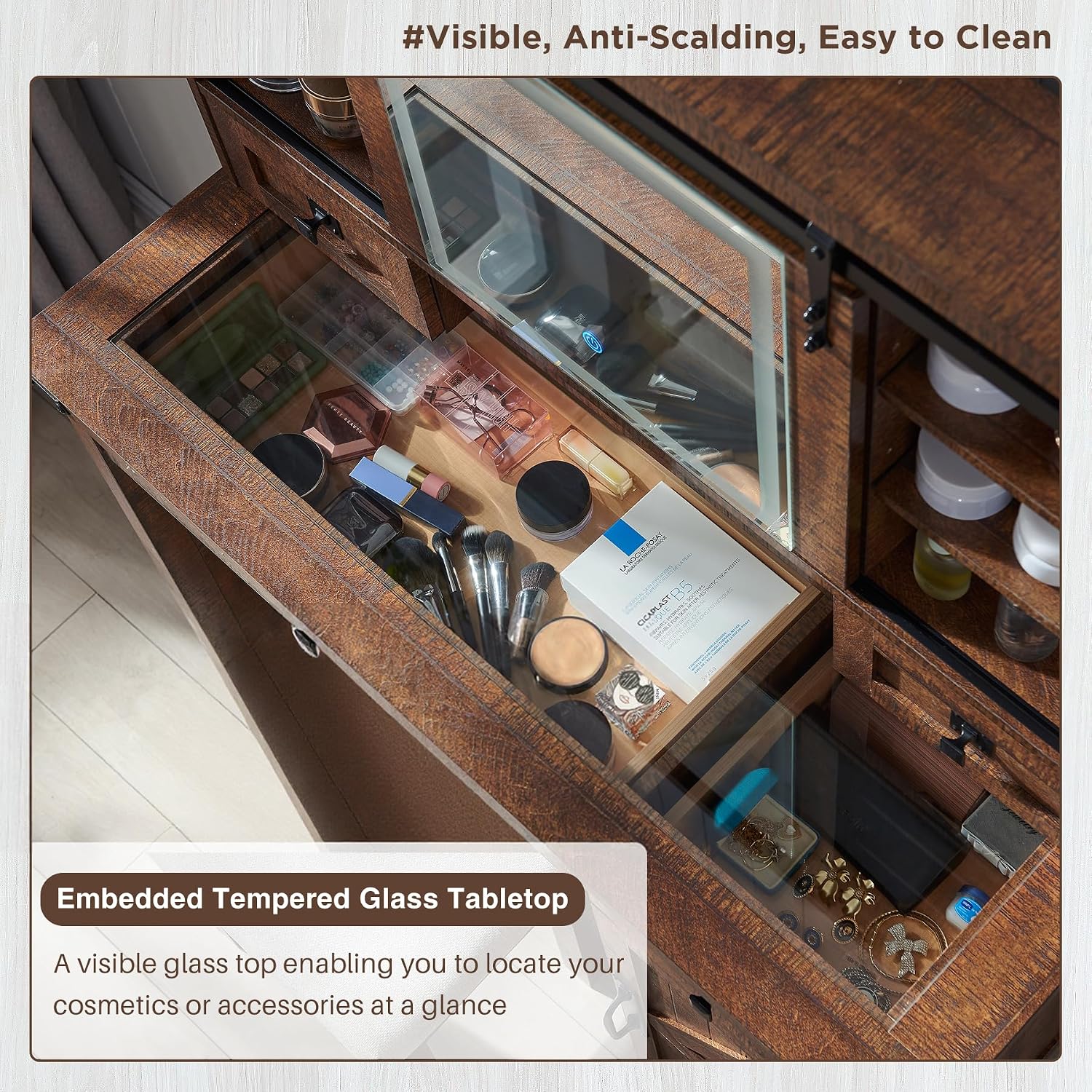 T4TREAM Farmhouse Makeup Vanity Desk with Sliding Mirror and Lights, 42'' Glass Tabletop Vanity Table with 2 Drawers & Shelves, Rustic Large Vanity Set for Bedroom, Reclaimed Barnwood