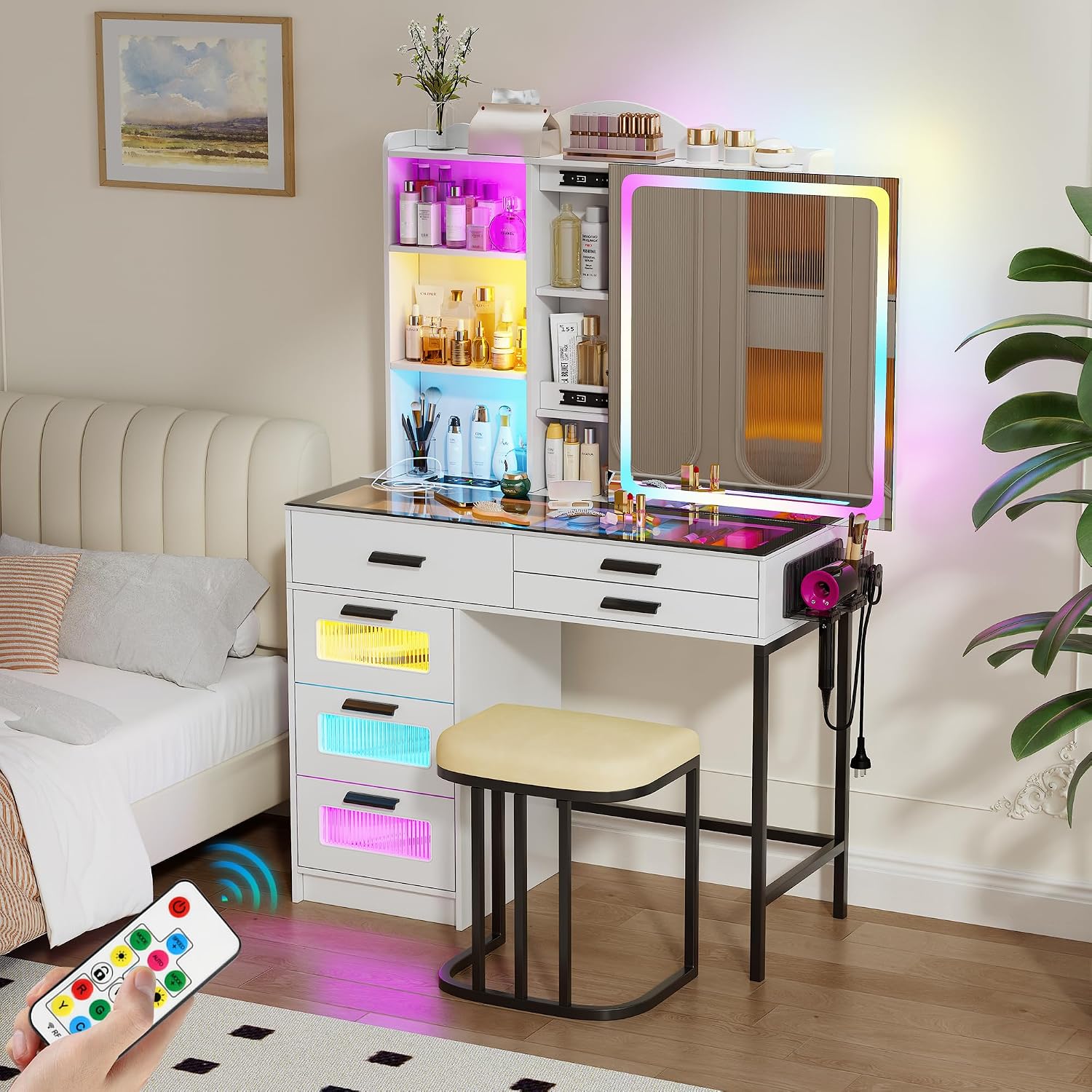 RGB Vanity Desk with Sliding Mirror and Lights,Makeup Vanity with Charging Station,LED Vanity Table with Glass Top,Girls Vanities Dressing Table Set with Stool&6 Drawers for Bedroom(White