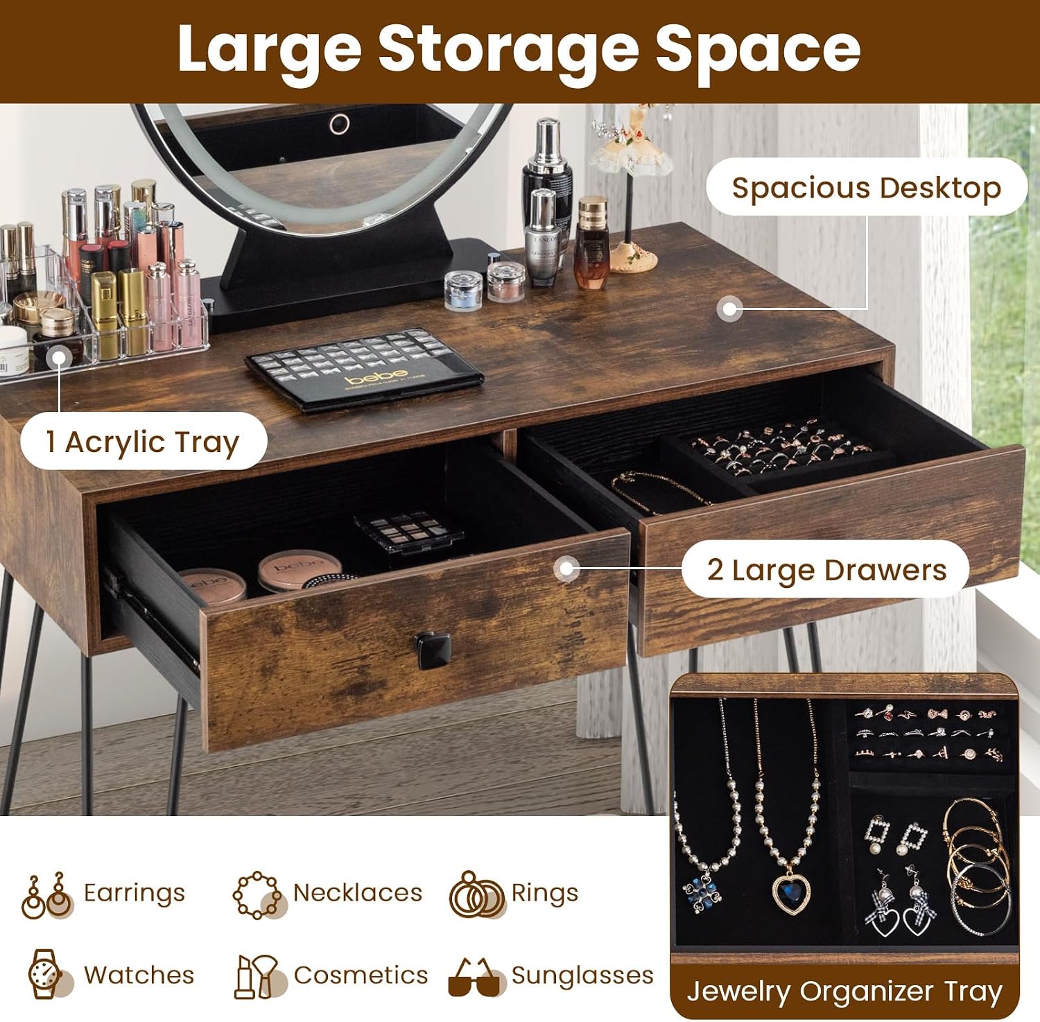 Byroce Vanity Desk with Lighted Mirror, 3 Color Lighting Modes, Adjustable Brightness, 2 Large Drawers & Acrylic Storage Box, Makeup Vanity Table with Cushioned Stool for Bedroom (Rustic Brown)