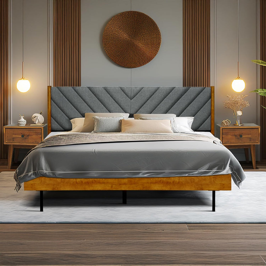 Acacia Bedroom Set - 3 Pieces Astoria Modern Platform Bed Frame with Upholstered Headboard and 2 Sofia Nightstands Set, Solid Wood Finish, Queen Size Beds with Nightstand with Drawer, Caramel