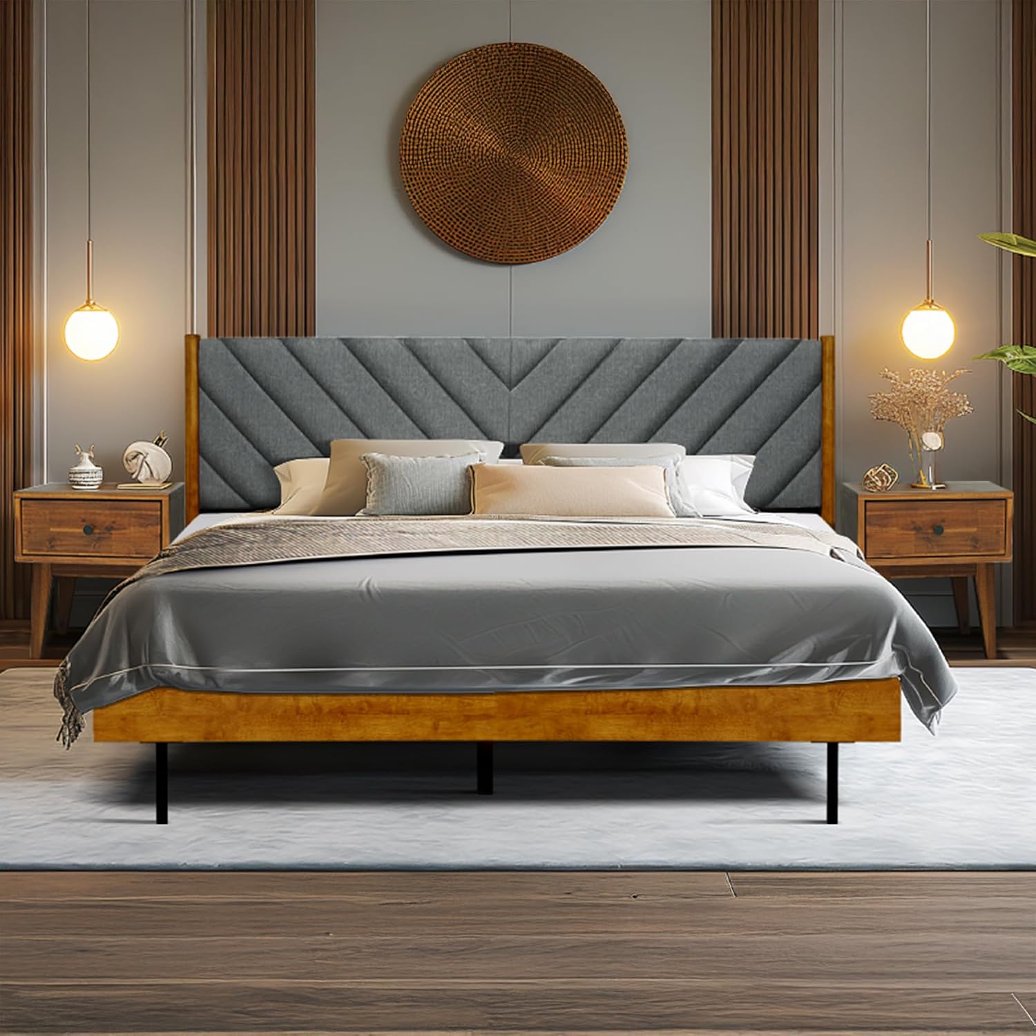 Acacia Bedroom Set - 3 Pieces Astoria Modern Platform Bed Frame with Upholstered Headboard and 2 Sofia Nightstands Set, Solid Wood Finish, Queen Size Beds with Nightstand with Drawer, Caramel