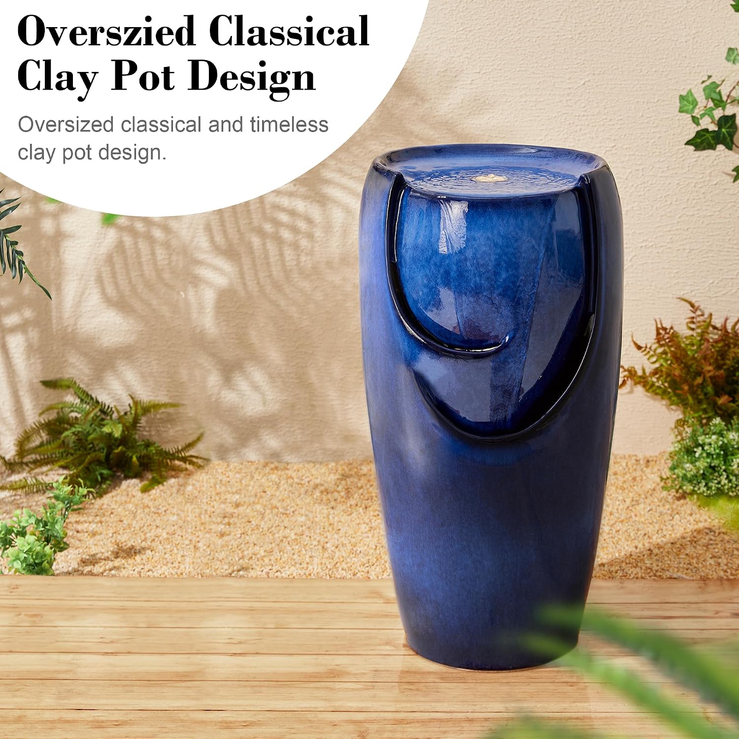 Glitzhome 29.25' H Outdoor Water Fountain Ceramic Jar Water Fountain with LED Light and Submersible Pump Vase Freestanding Water Fountain for Patio Garden Yard Art Decor, Cobalt Blue