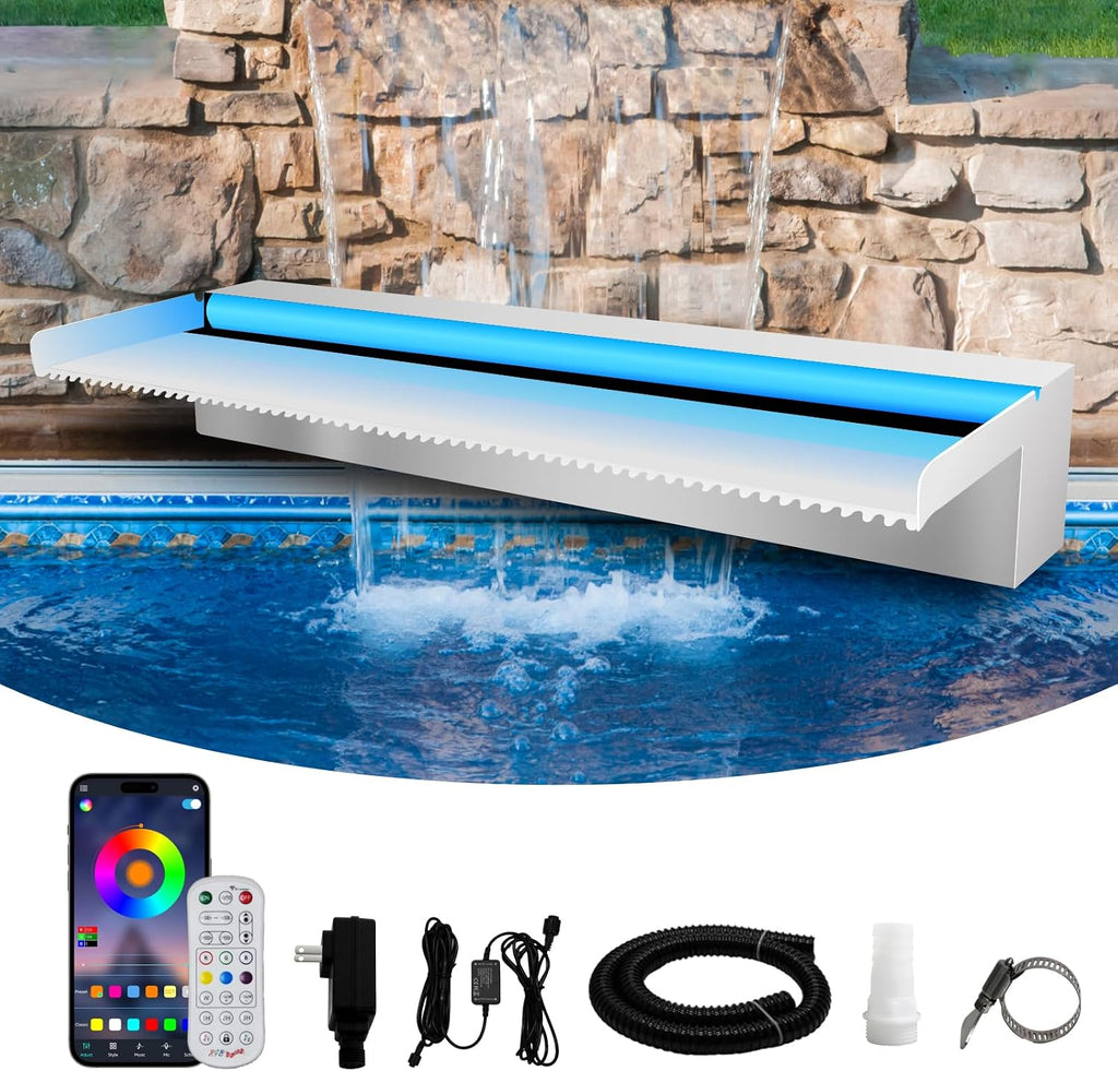Waterfall Spillway Stainless Steel Pond Waterfalls with Color Changing LED Light, Outdoor Pool Fountain Water Feature Kit for Garden Patio Swimming Pool Koi Ponds Decor-24'x8'x4'