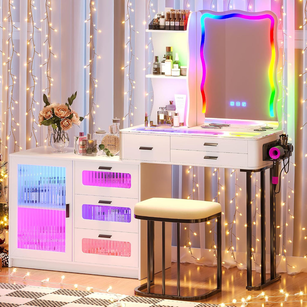 RGB Makeup Vanity Desk with Wireless Charging Station,Vanity Mirror with Lights Desk and Chair,8 Drawers,Stool,7 Dynamic and 7 Static Dimmable Vanity Table with Glass Desktop