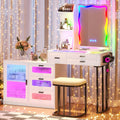 RGB Makeup Vanity Desk with Wireless Charging Station,Vanity Mirror with Lights Desk and Chair,8 Drawers,Stool,7 Dynamic and 7 Static Dimmable Vanity Table with Glass Desktop