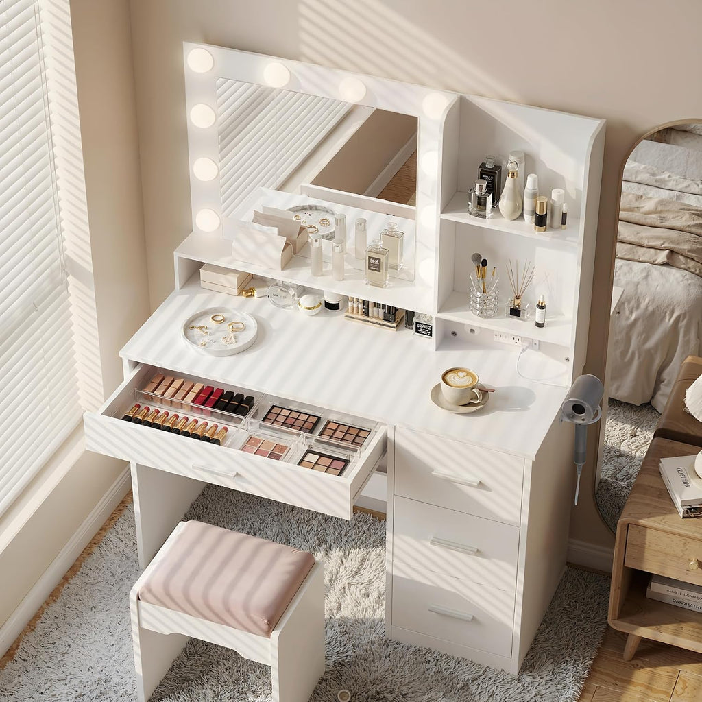YESHOMY 39' Vanity Desk with Mirror & Lights, Makeup Vanity Table with Power Outlet & Storage Drawers, 3 Color LED Lighting, Dressing Table for Bedroom,Snow White