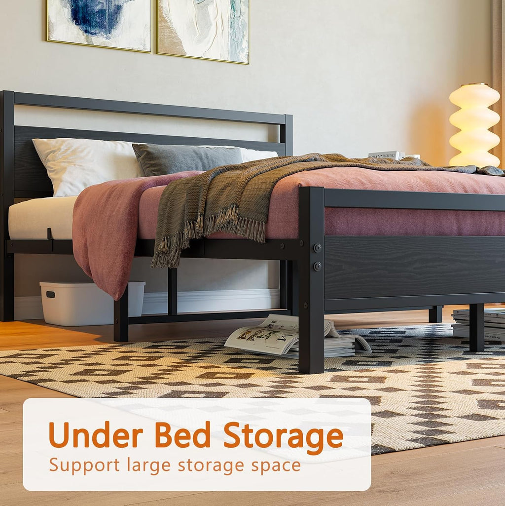 BOFENG Full Size Bed Frame with Wood Headboard,Heavy Duty Platform Bed Frame Full with Storage No Box Spring Needed,Reinforced Steel Slats Support,Mattress Foundation,Black