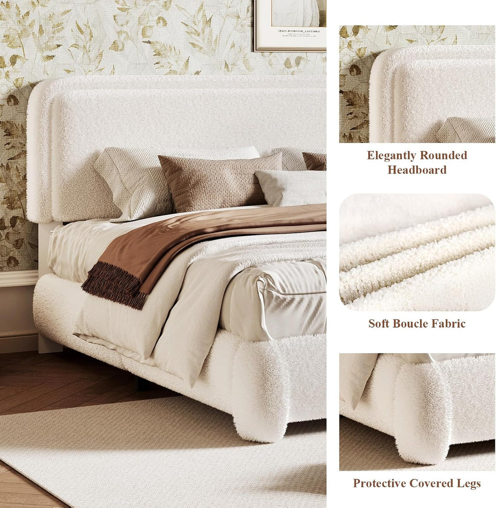 Kelway Upholstered Bed Frame King Size Modern Soft Boucle Bed Frame with Adjustable Heandboard, No Box Spring Needed, Easy Assembly, Beige