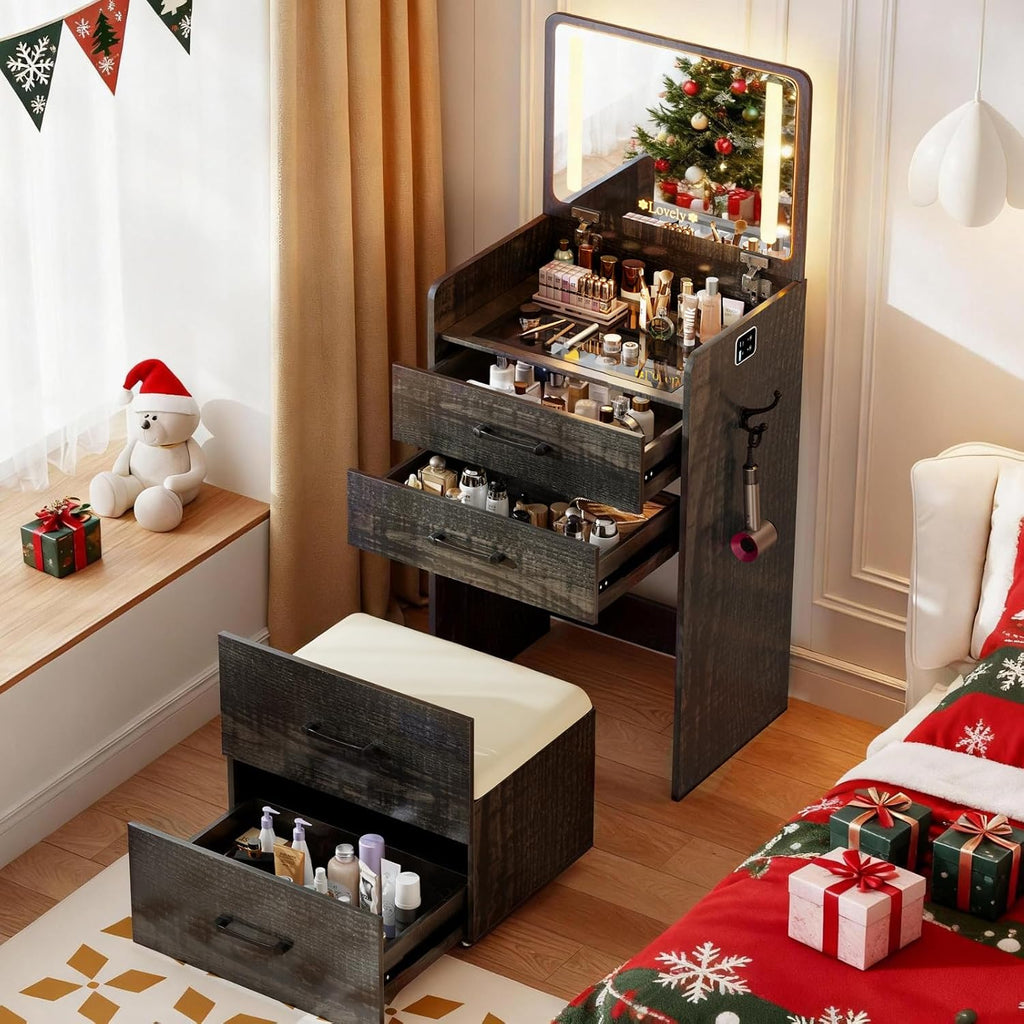 3 in 1 Vanity Desk with Flip up Mirror and Lights, Glass Top Makeup Vanity Table with Charging Station,LED Compact Dressing Table with 3 Drawer and Wheel Storage Stool for Bedroom(Brown)
