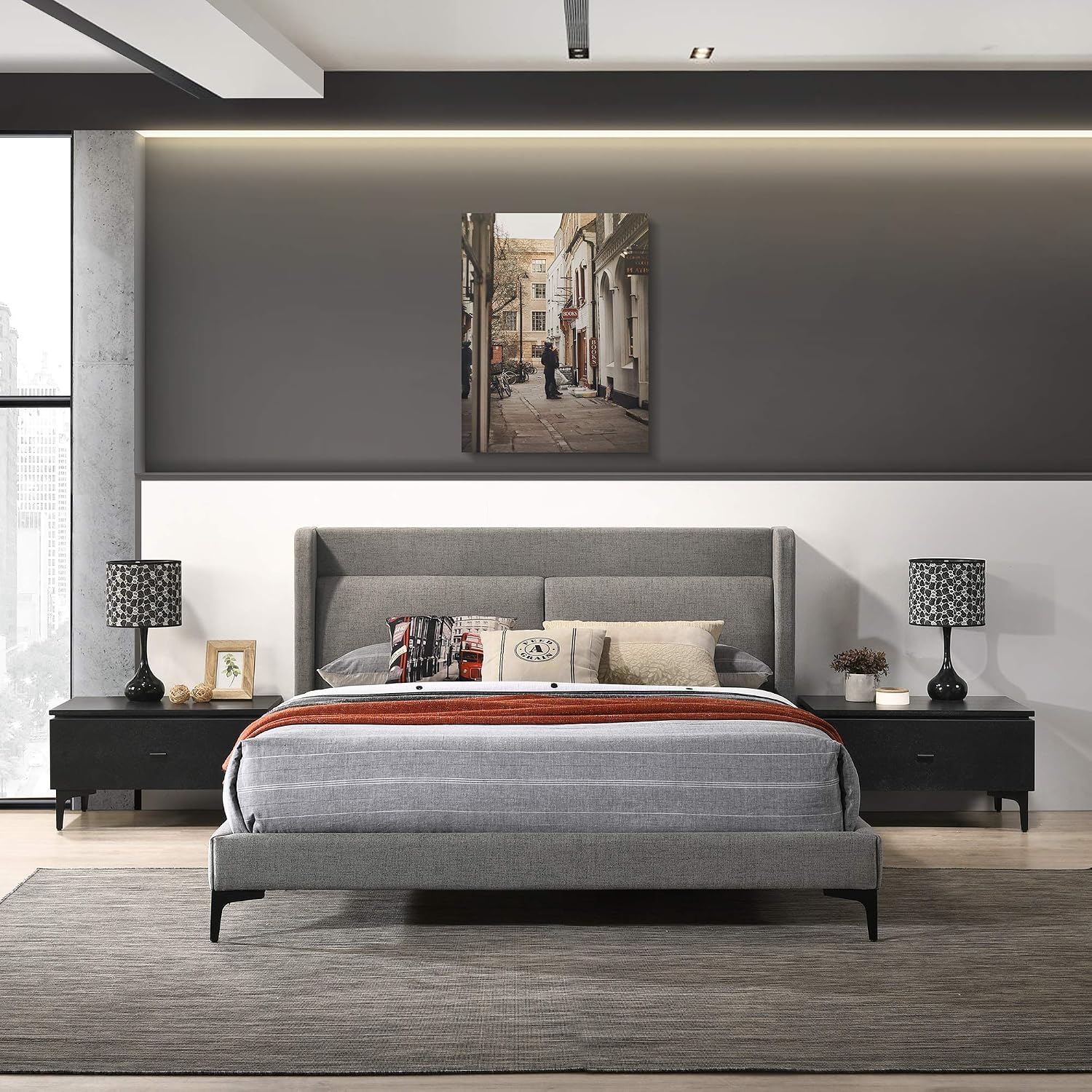 Armen Living Legend 3 Piece Fabric King Platform Bed and Nightstands