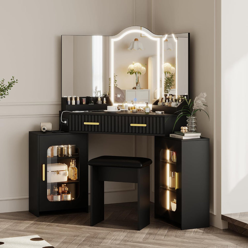 Corner Vanity Desk with 3 Way Mirror & LED Lights, Makeup Table Set with Charging Station, Storage Drawers & Side Cabinets, Modern Bedroom Dressing Table for Women & Girls Birthday Gift