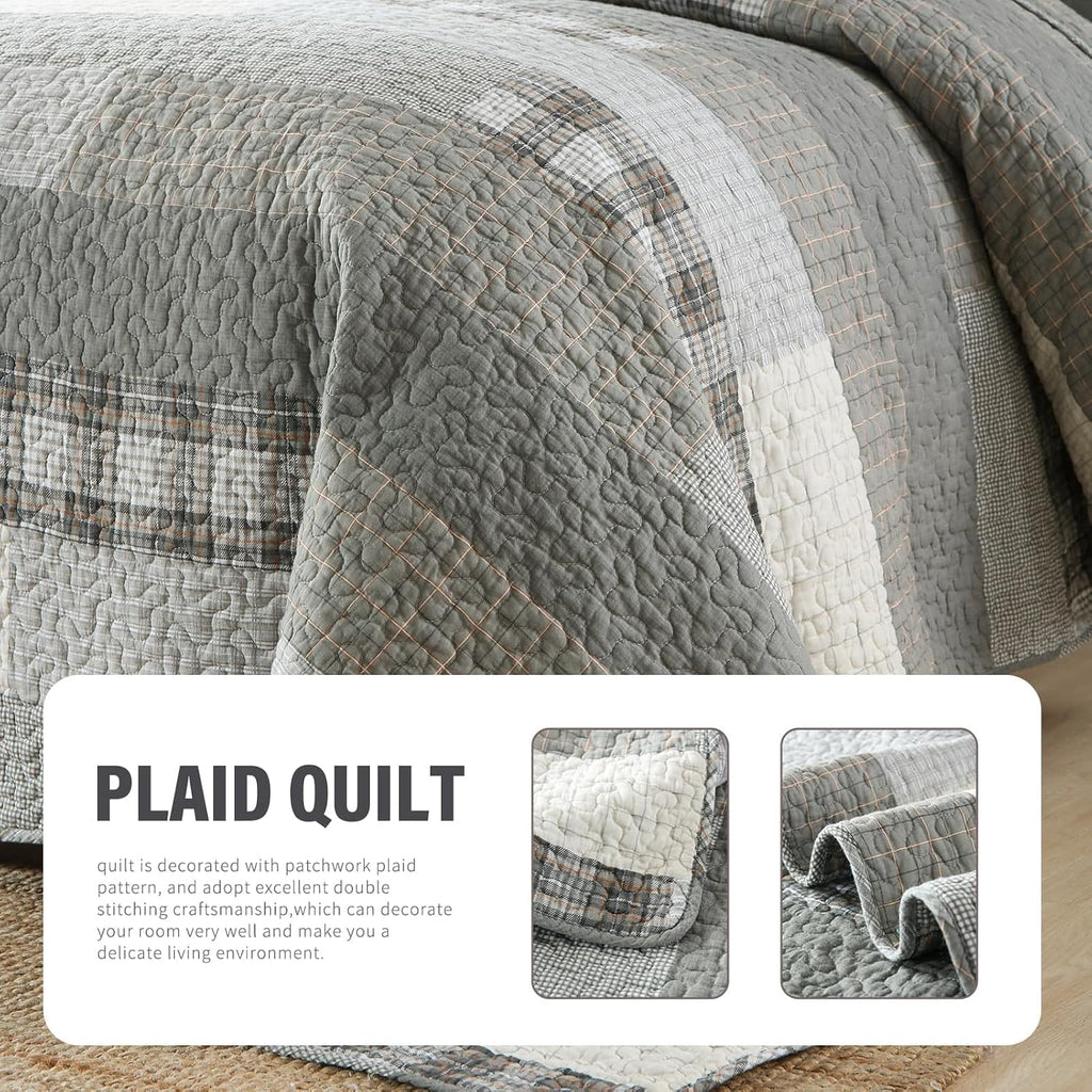 Y-PLWOMEN 100% Cotton King Size Quilt Sets - Soft Plaid King Bedspread, Farmhouse Rustic Lightweight Quilt Bedding Set for All Season, 3-Pieces