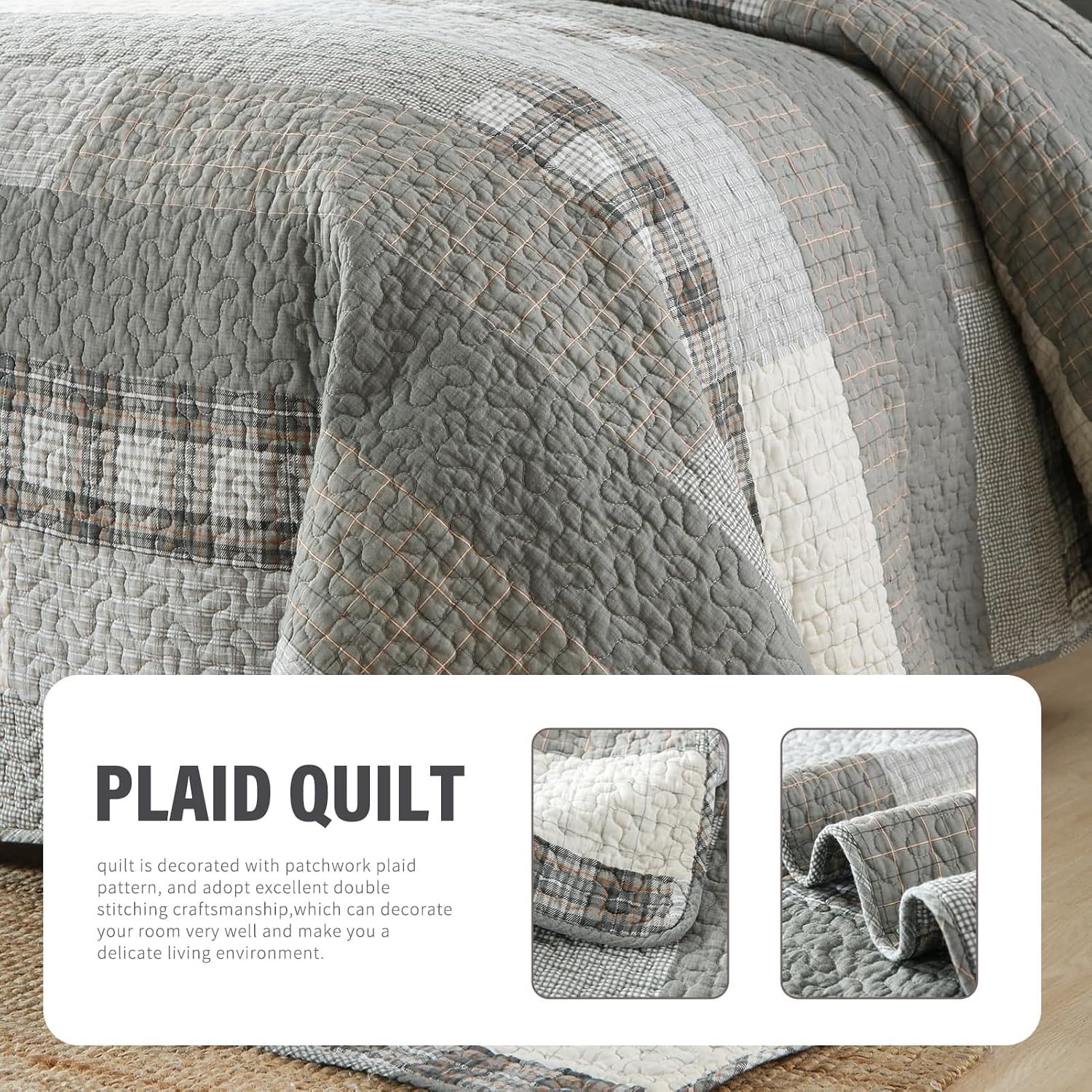 Y-PLWOMEN 100% Cotton King Size Quilt Sets - Soft Plaid King Bedspread, Farmhouse Rustic Lightweight Quilt Bedding Set for All Season, 3-Pieces