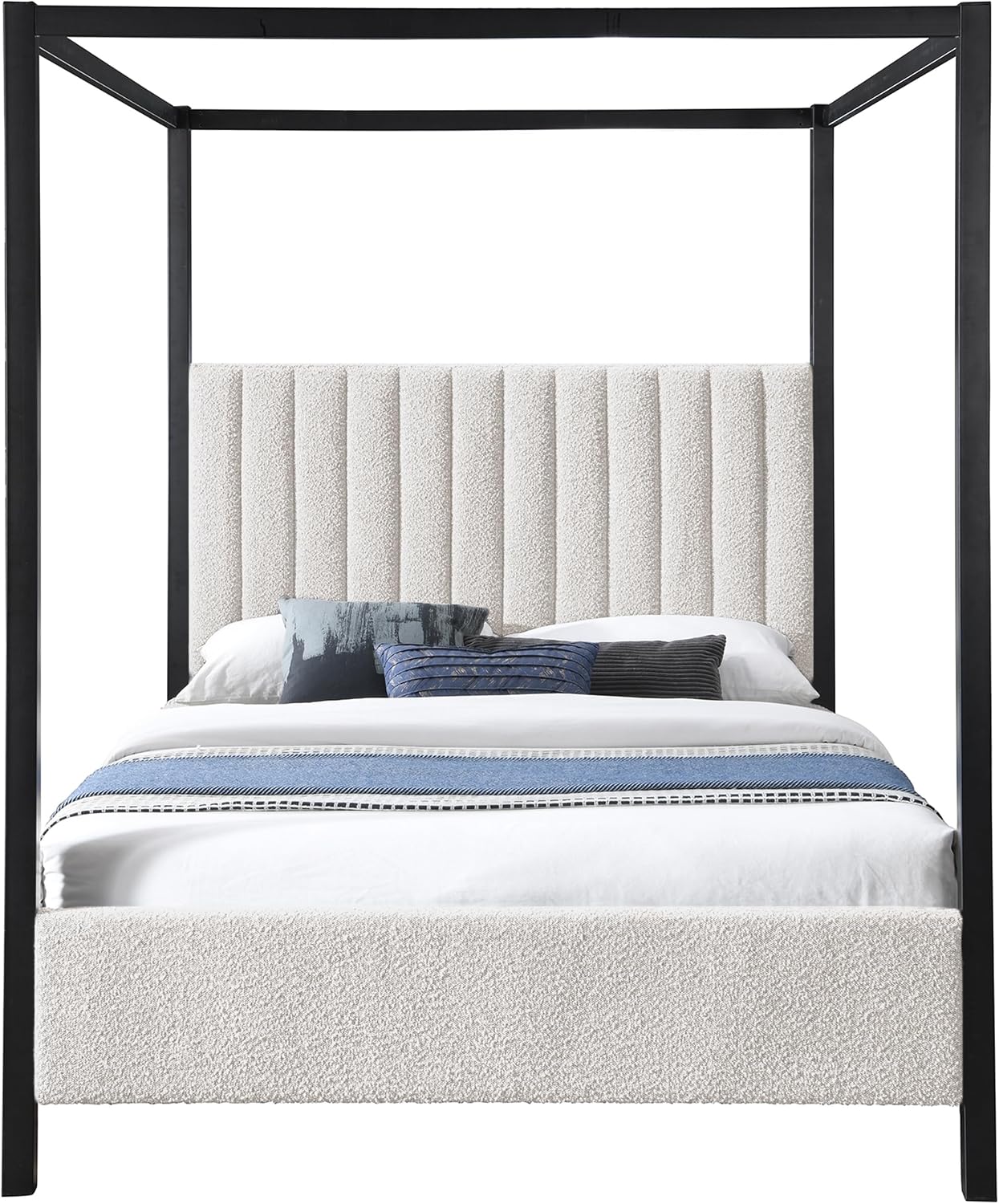 Meridian Furniture KellyCream-F Kelly Collection Modern | Contemporary Full Bed with Rich Cream Boucle Fabric, Matte Black Iron Metal Frame Canopy, 57' W x 80' D x 77' H, Cream, Full