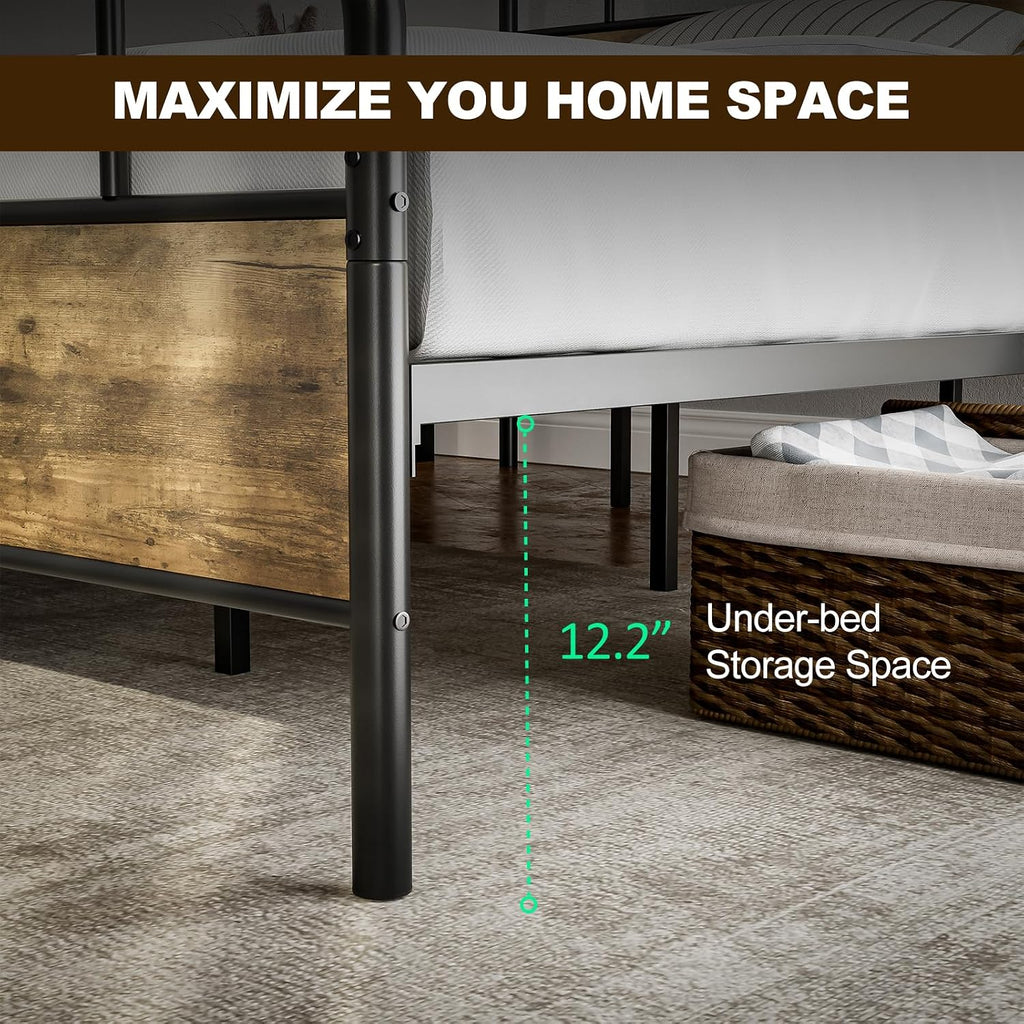 IKIFLY California King Bed Frames with Wood Headboard Footboard, Farmhouse Metal Cal King Platform Bed, Heavy Duty Steel Slats, 12' Under Bed Storage, Noise Free, No Box Spring Needed - Rustic Brown