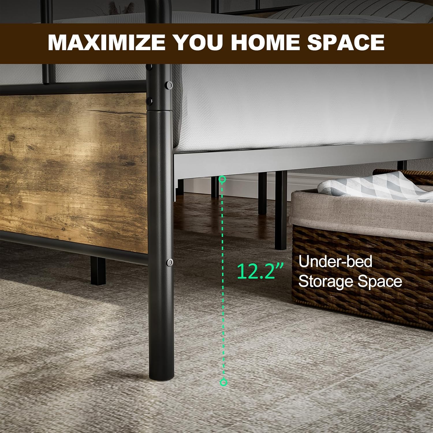 IKIFLY California King Bed Frames with Wood Headboard Footboard, Farmhouse Metal Cal King Platform Bed, Heavy Duty Steel Slats, 12' Under Bed Storage, Noise Free, No Box Spring Needed - Rustic Brown