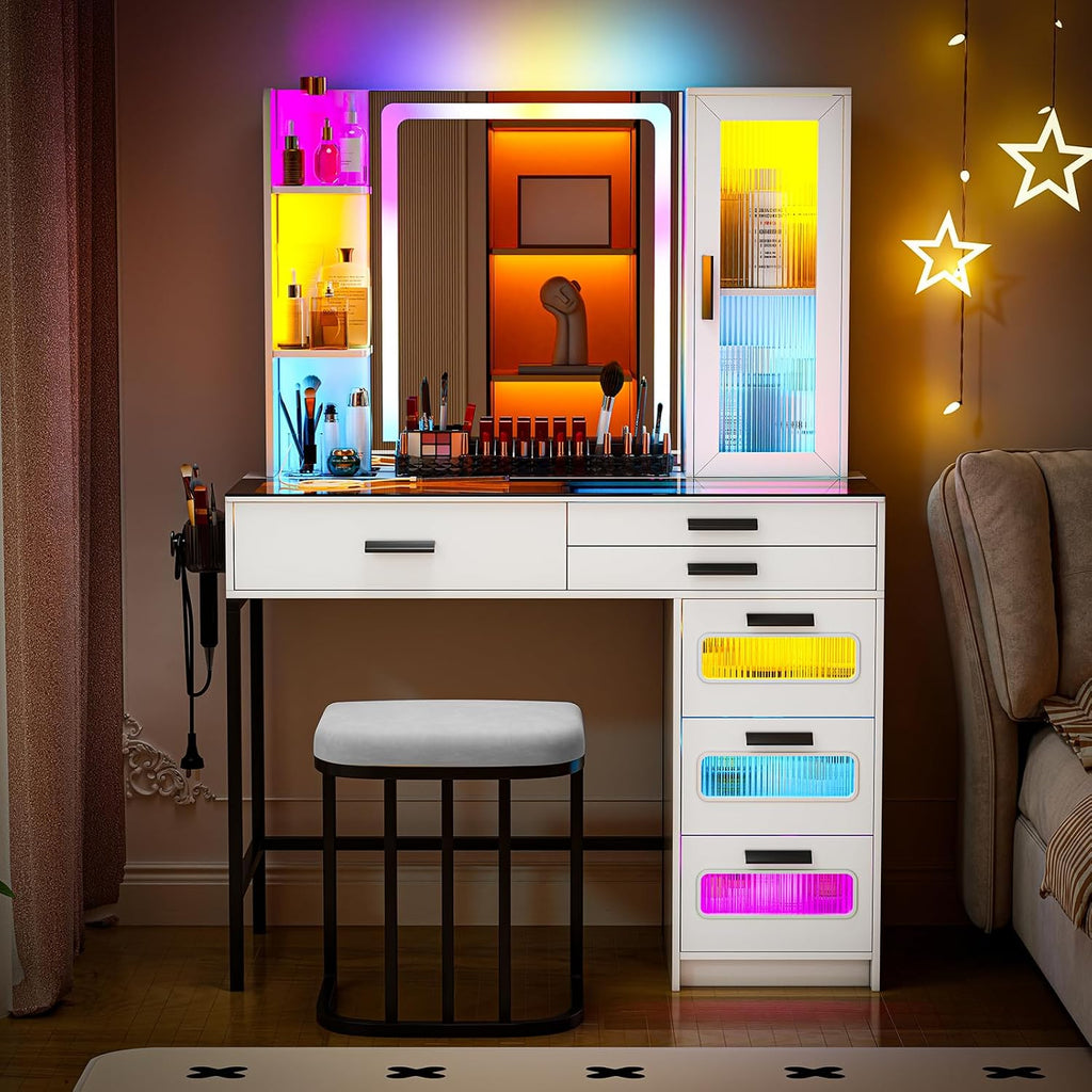 White Makeup Vanity Desk with Mirror and Lights,Vanity Table Set with Charging Station, Dressing Table with RGB Cabinets,Girls Vanity with Makeup Organizer and Drawers