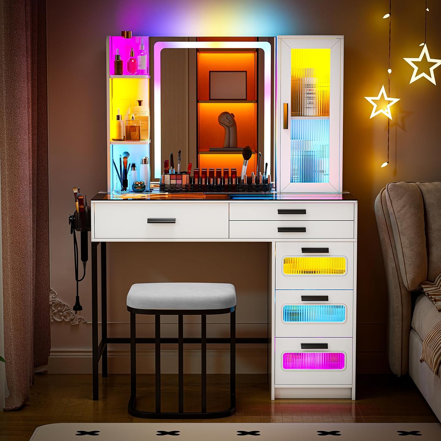 White Makeup Vanity Desk with Mirror and Lights,Vanity Table Set with Charging Station, Dressing Table with RGB Cabinets,Girls Vanity with Makeup Organizer and Drawers