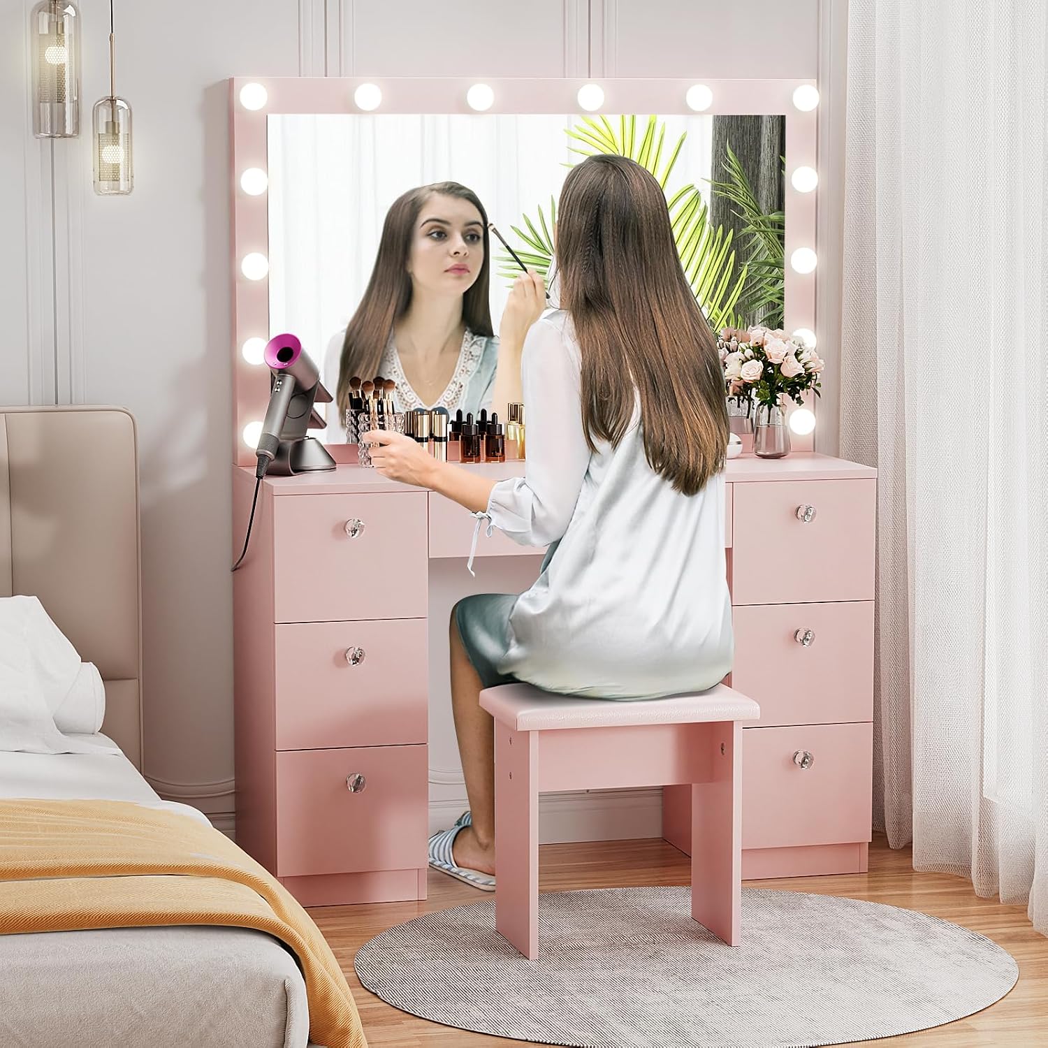 VOWNER Vanity with Lighted Mirror - Makeup Vanity Desk with Glass Top, 7 Drawers and Power Outlet, 3 Color Lighting Modes Adjustable Brightness, 44' Vanity Table with Stool for Women Girls, Pink