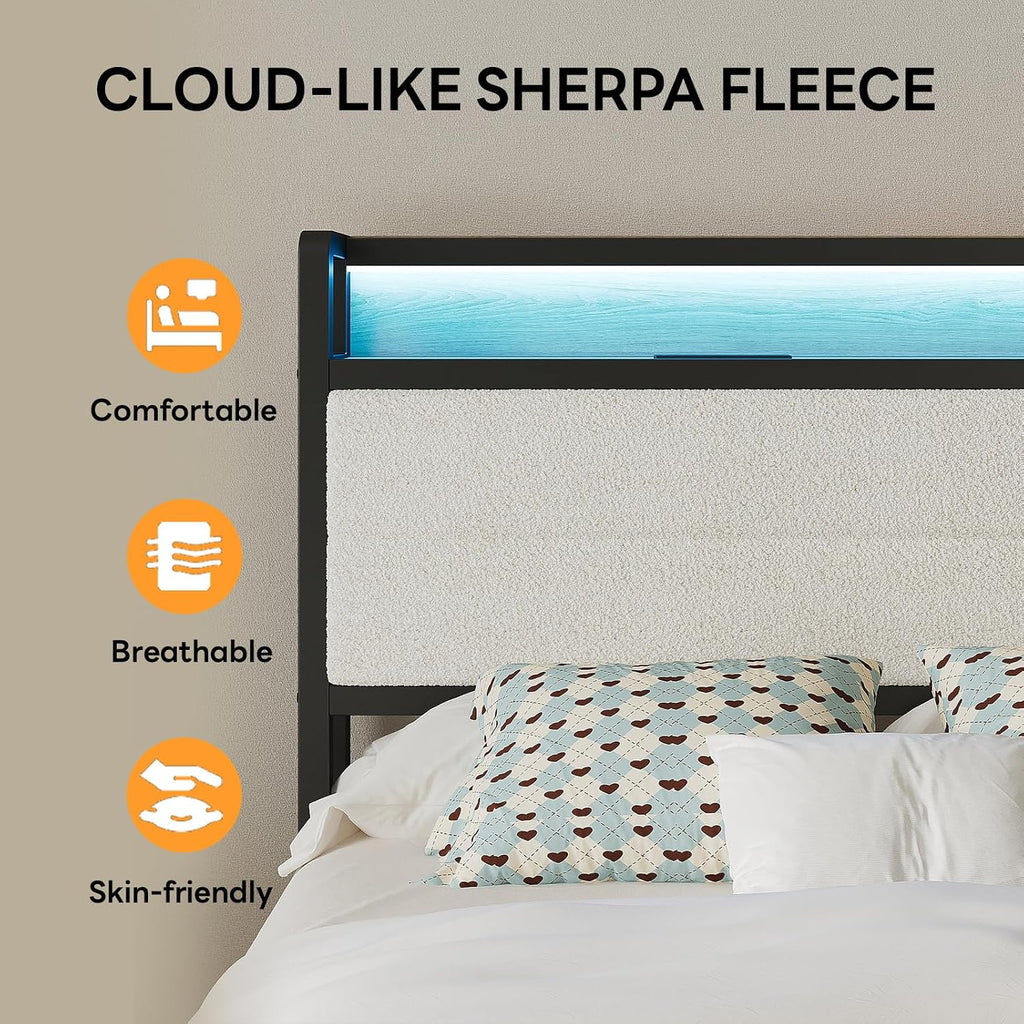 LIKIMIO Twin Bed Frame with Storage Headboard & LED Lights, Metal Platform Bed with Charging Station, Noise Free, No Box Spring Needed, Under Bed Storage, Natural and Cream