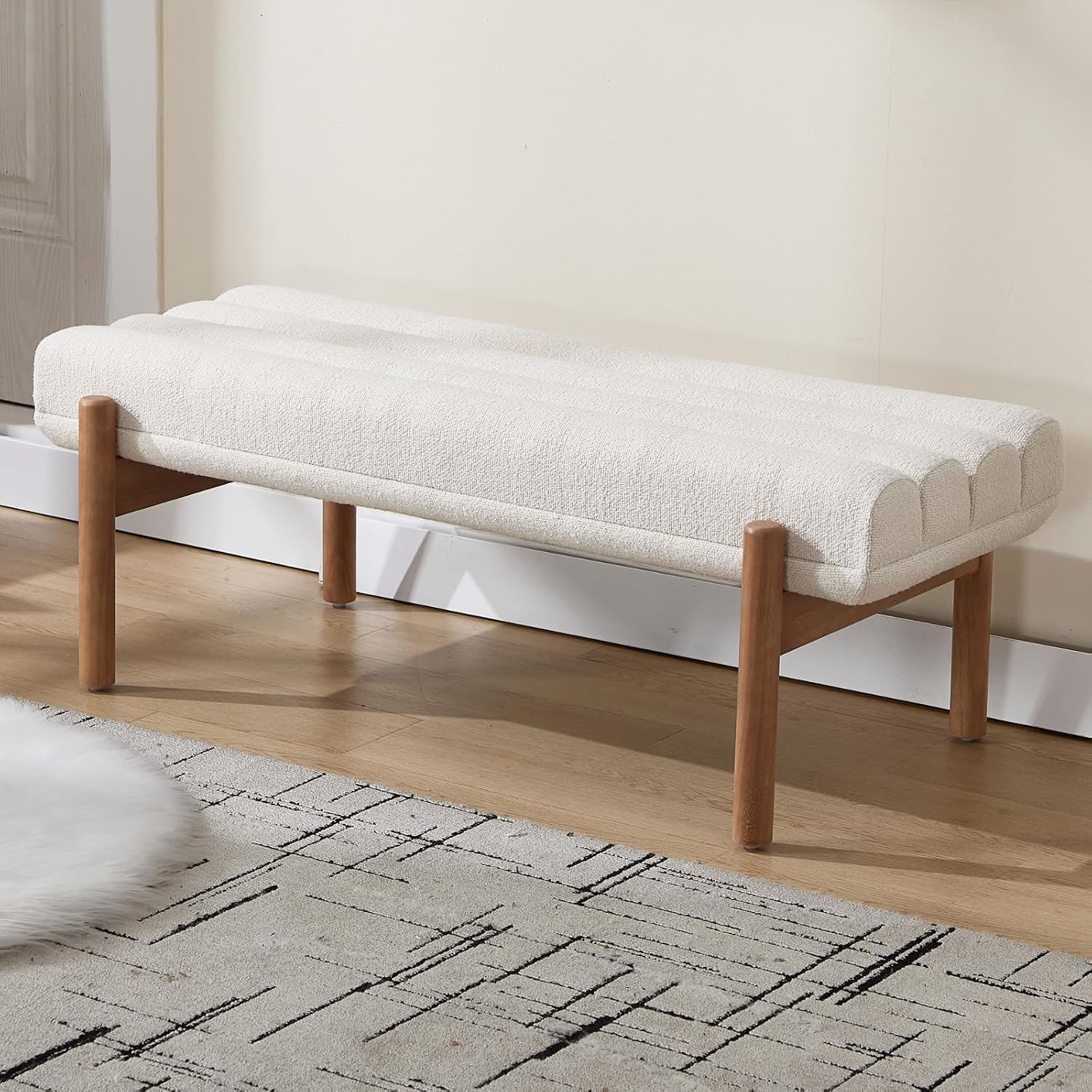 47' Modern Upholstered End of Bed Bench, Beige Chenille Channel Tufted Entryway Bench with Wood Legs, Comfy Bedroom Bench Long Ottoman for Living Room Hallway Vanity Room