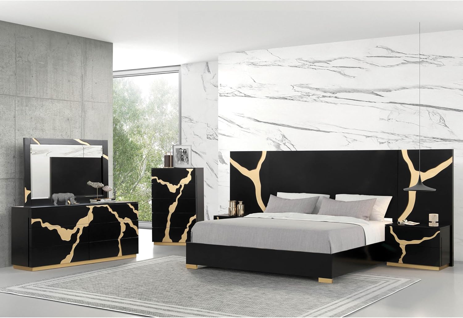 Furniture of America Quanta Modern Wood 6-Piece Bedroom Set with Panel Headboard and Gold-Painted Pattern Extended Walls, Felt-Lined Top Drawer, No Box Spring Needed, King, Black