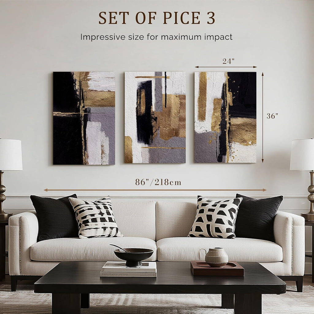 Bzstyleart Large Abstract Wall Art for Living Room, 3 Piece Modern Textured Wall Art Minimalist Painting Picture Print for Hallway Office Bedroom, Neutral Abstract Artwork, Black & Gold, 24 x 36 Inch