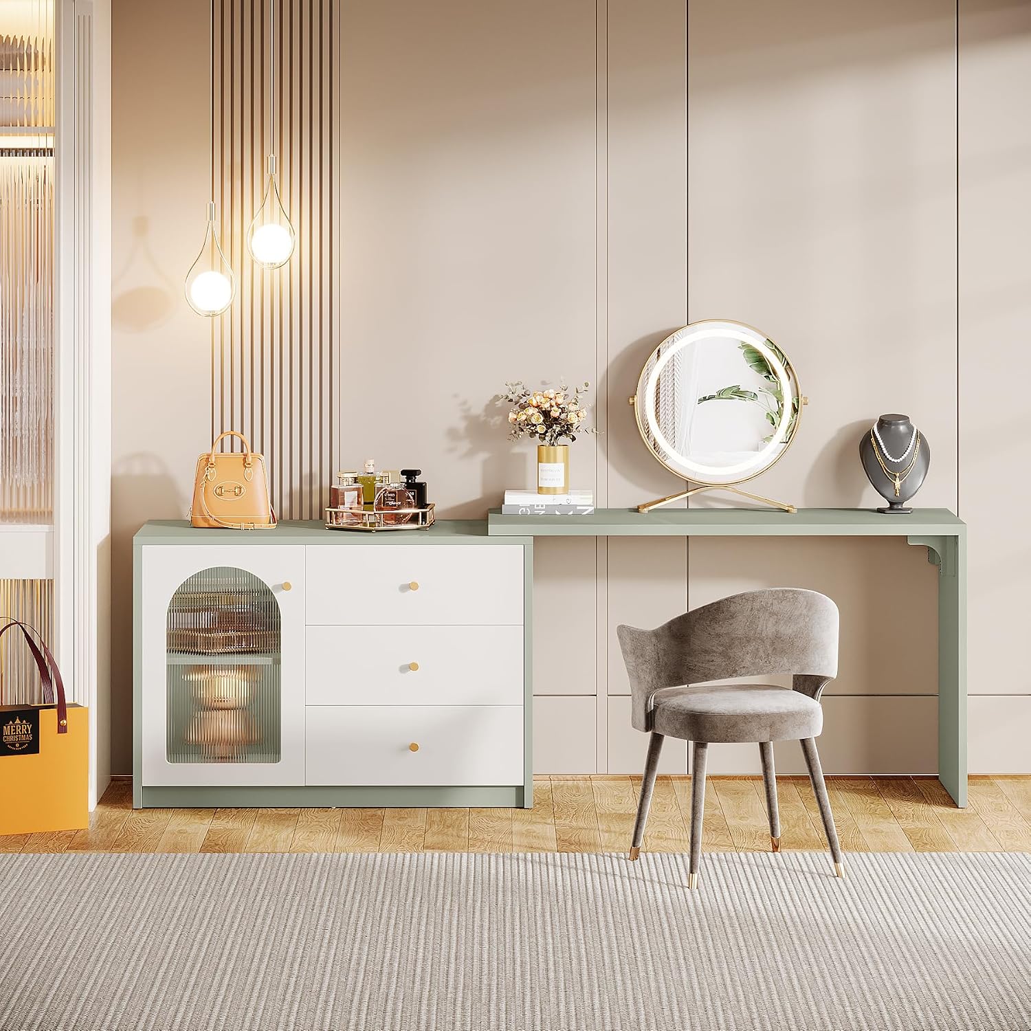 Tribesigns Modern Makeup Vanity, Retractable Large Vanity Desk with 3 Drawers and Cabinet, Makeup Corner Dressing Table for Bedroom, Light Green and White (Without Mirror)