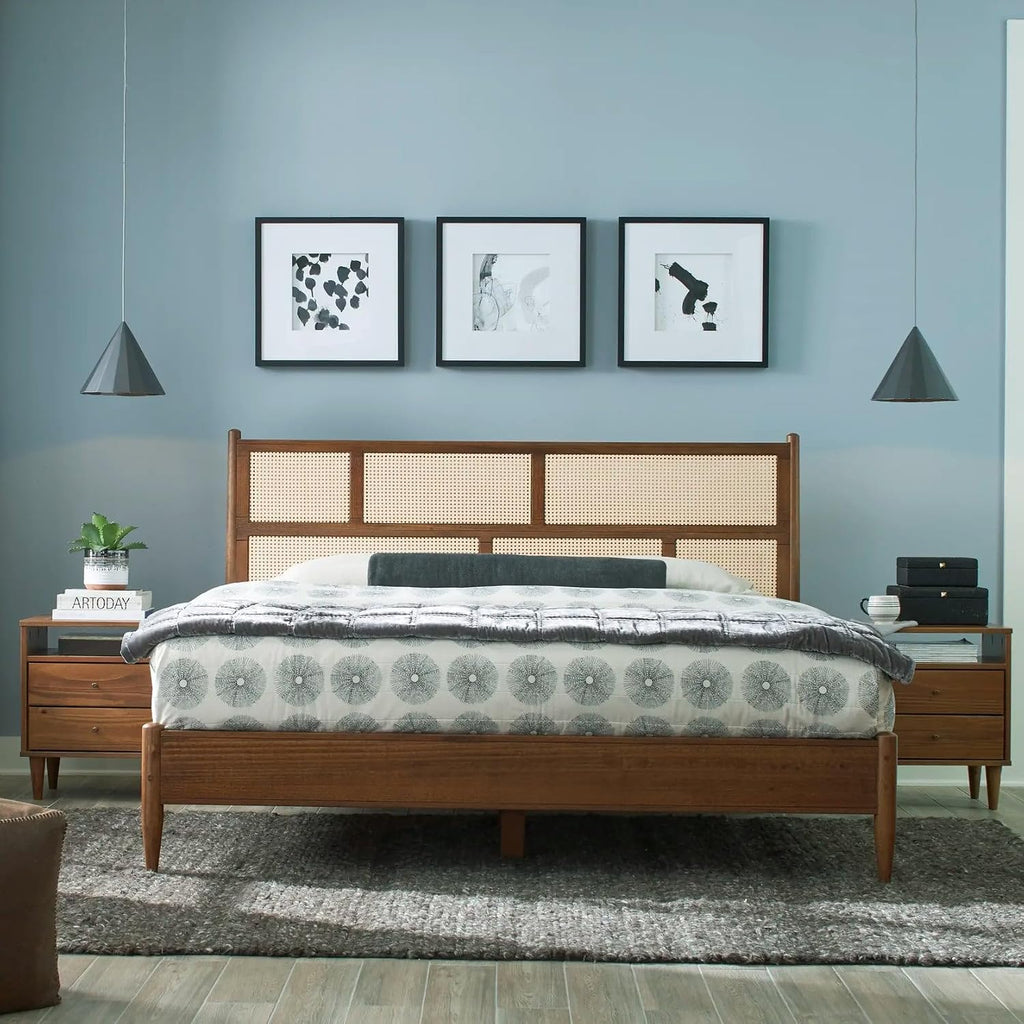 Grain Wood Furniture Mid Century Cane Solid Wood Queen Size Bed with a Brushed Walnut Finish