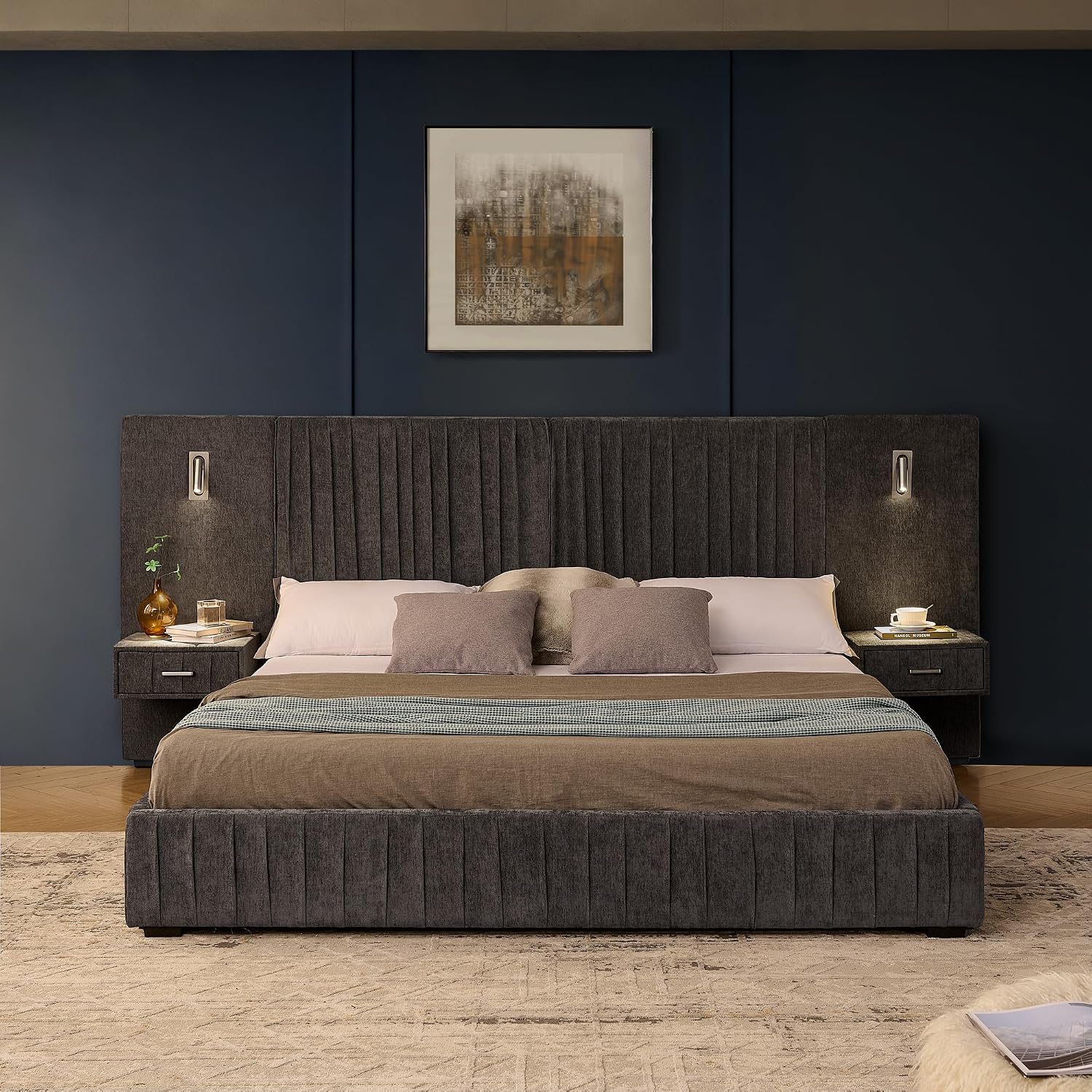 King Size Upholstered Platform Bed Frame with Headboard & Built-in Nightstand, Luxury Bed Frame for Modern Bedroom Sets, No Box Spring Needed, Stable & Adjustable Lighting(Dark Grey)