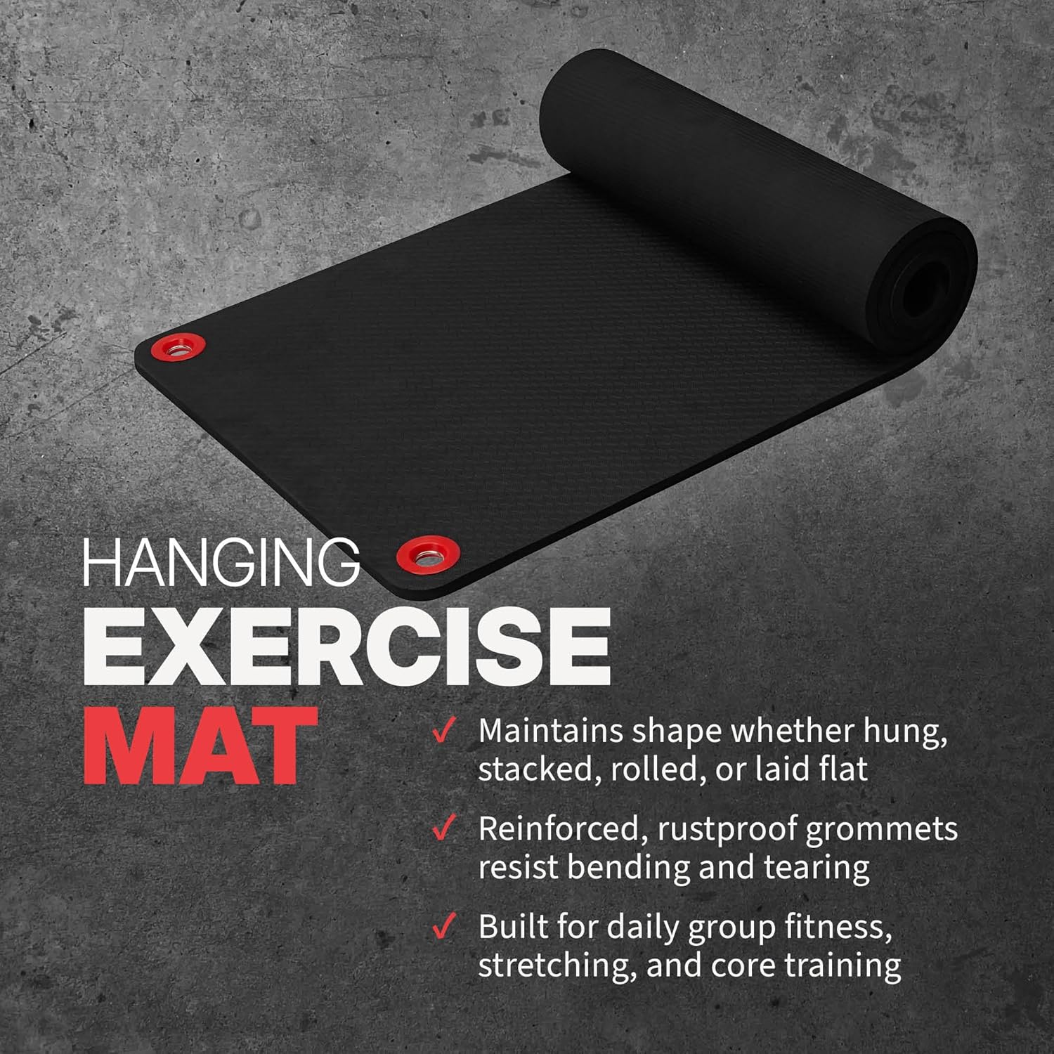 SPRI Hanging Bulk Fitness Mats, 15mm, 56' x 23' Black, 6 Pack, Closed-Cell Foam Bulk Yoga Mats for Gyms