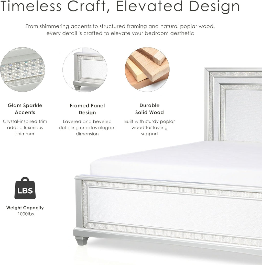Furniture of America Silvia Glam Solid Wood 4-Piece Bedroom Set with Layered Frame Bed, Faux Crystal Trim LED on Nightstand and Dresser with Mirror, Box Spring Needed for Bedroom, King, Silver