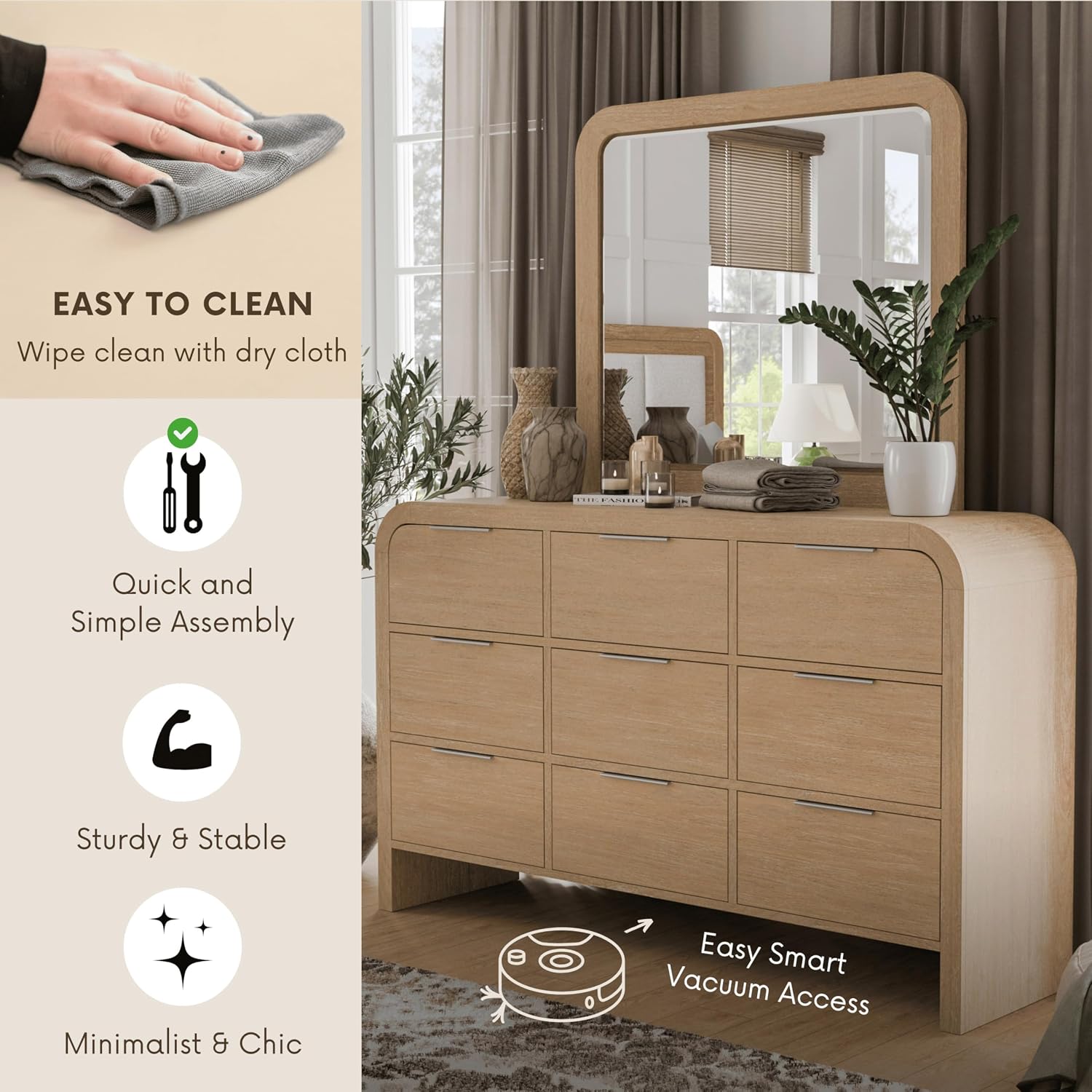 Furniture of America Verena Boho Solid Wood 4-Piece Bedroom Set with Padded Headboard Bed, Metal Side Glide, Finger Pulls on Nightstand and Dresser with Mirror, Box Spring Needed, Queen, Natural