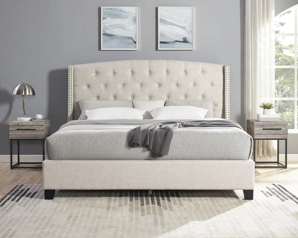 Roundhill Furniture Astral 3-Piece Upholstered Bedroom Set, Tufted Wingback Bed with Two Gray Nightstands, Queen
