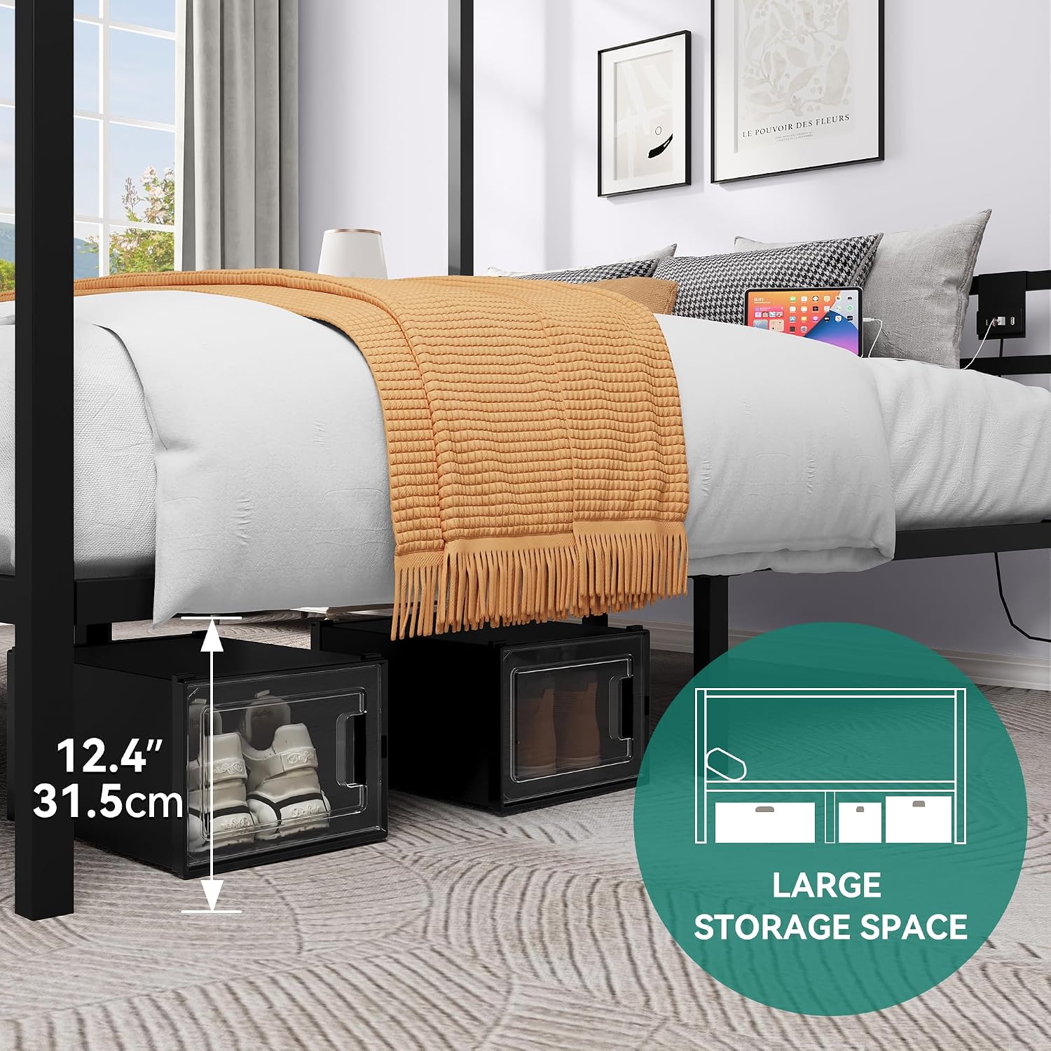 YITAHOME Queen Size Canopy Bed, Four Poster Platform Bed with Metal Slats Support, Metal Bed Frame with USB Charging Station, 12.4 inch Underbed Storage, No Box Spring Needed, Black